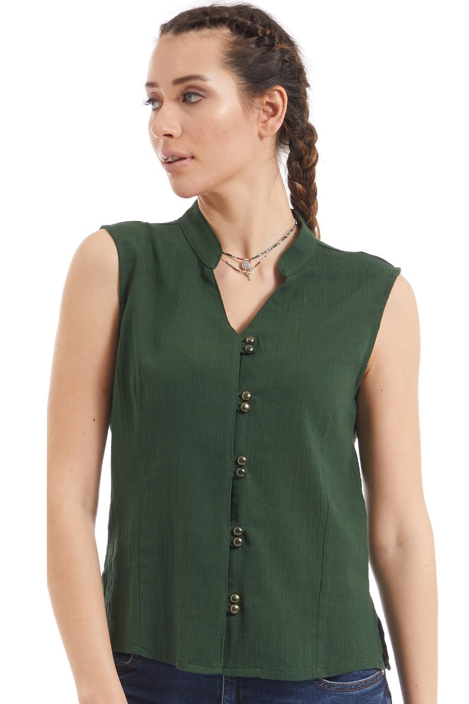 Şile Bezi Yeşil Düğmeli Bluz