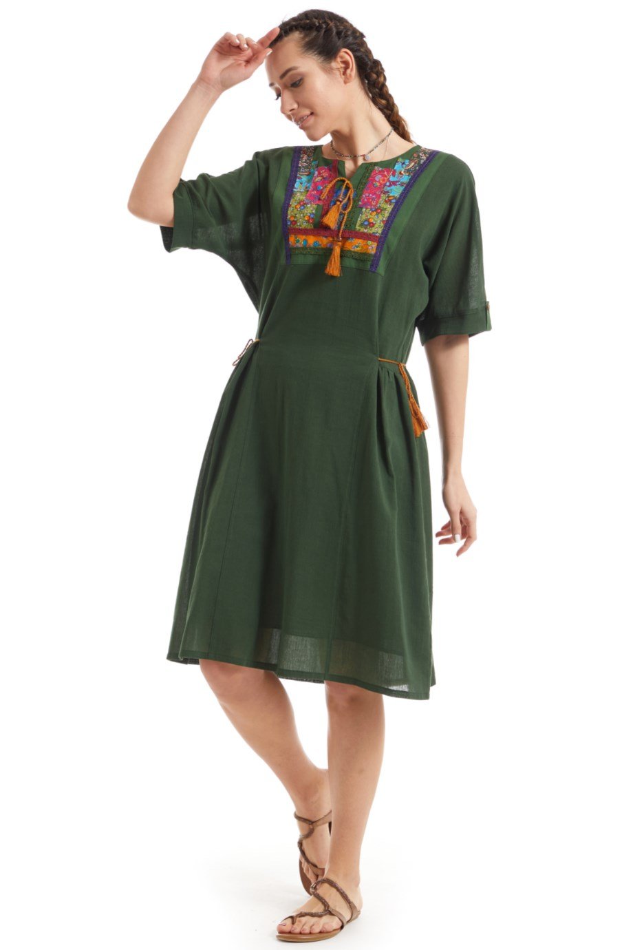 Şile Bezi Yeşil Kısa Kol Otantik Yamalı Elbise