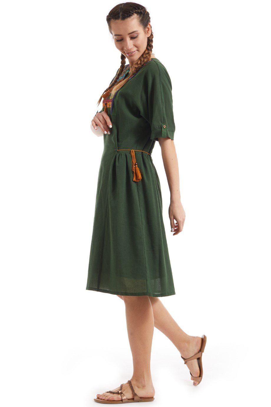 Şile Bezi Yeşil Kısa Kol Otantik Yamalı Elbise