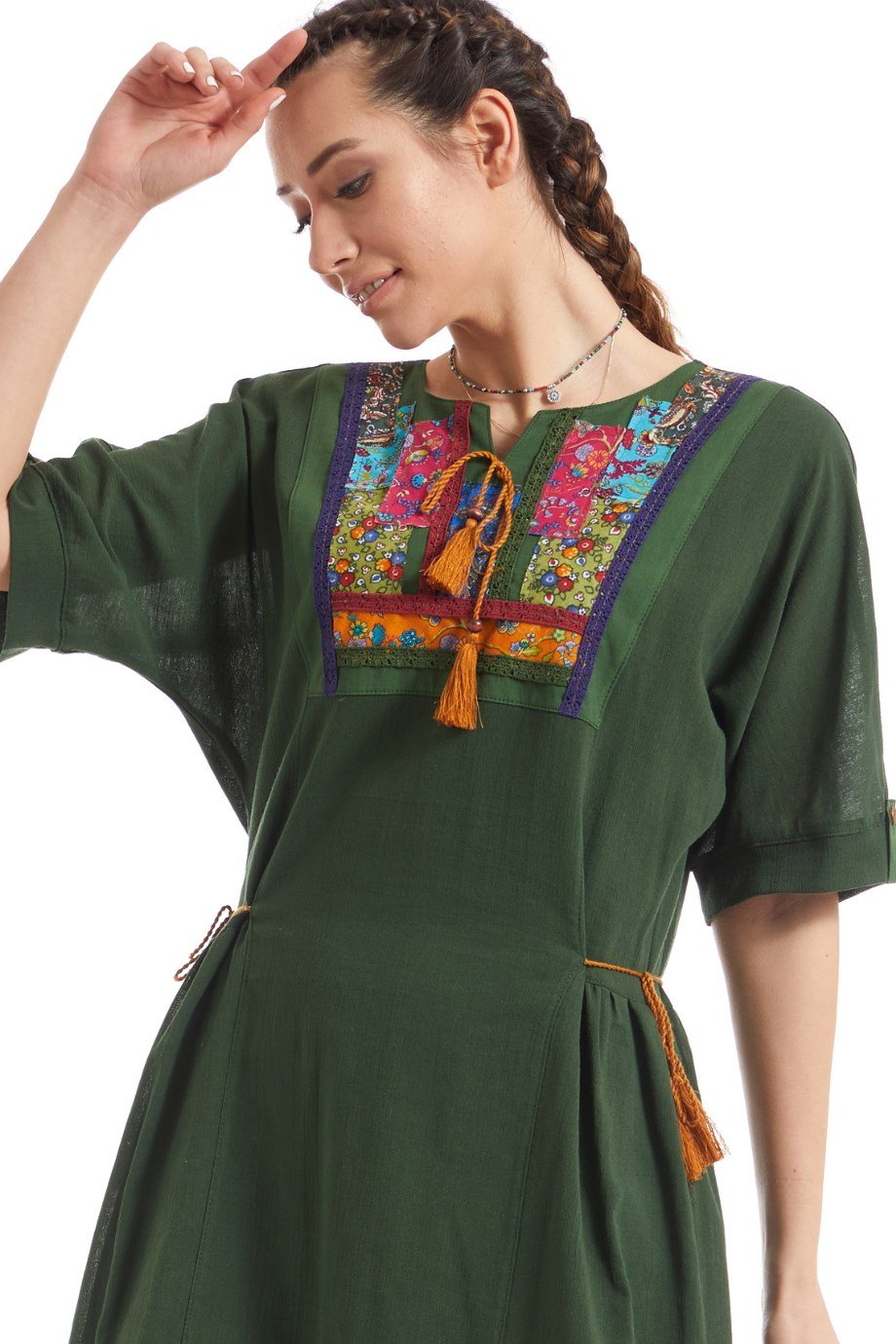 Şile Bezi Yeşil Kısa Kol Otantik Yamalı Elbise
