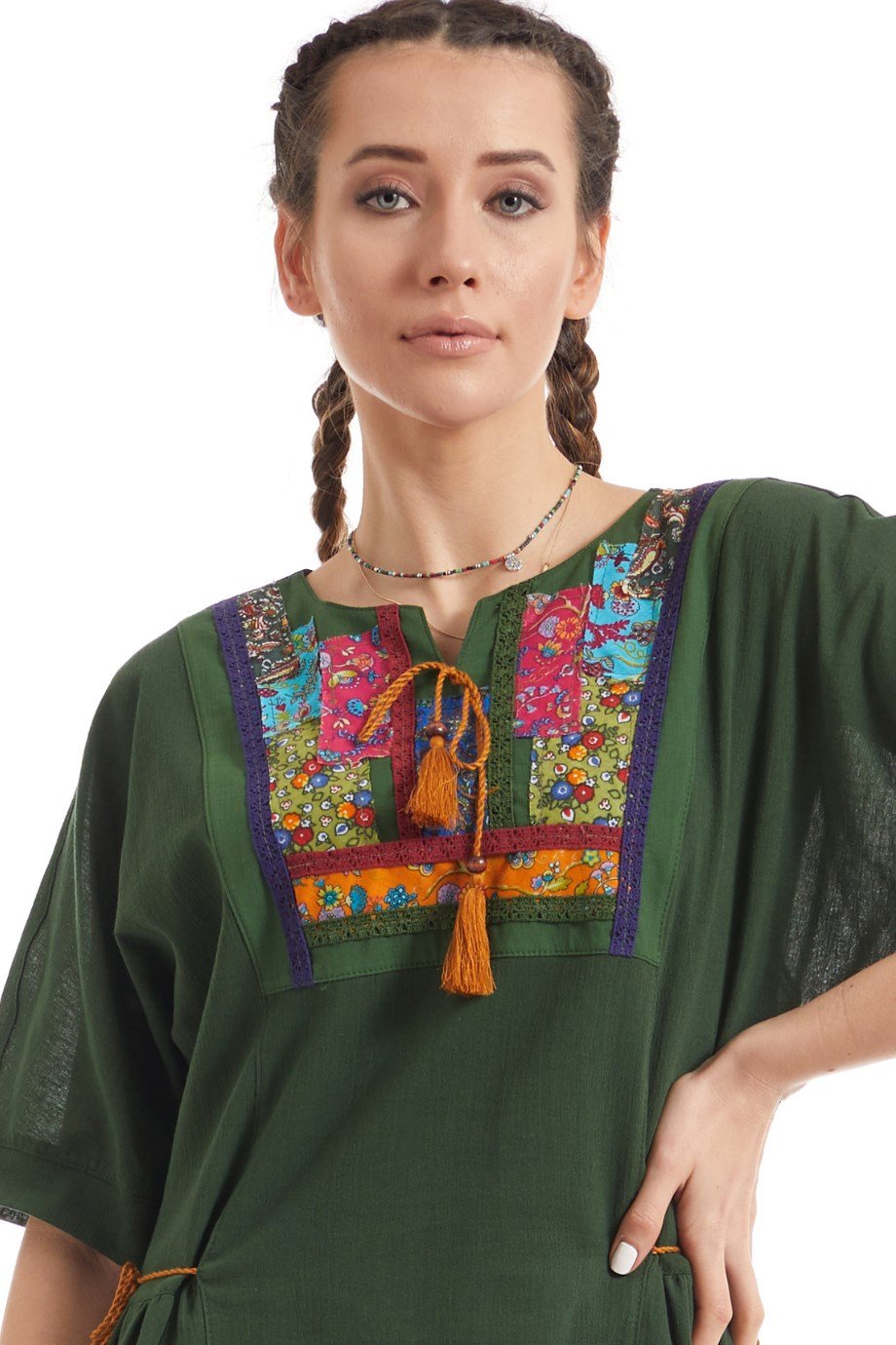 Şile Bezi Yeşil Kısa Kol Otantik Yamalı Elbise