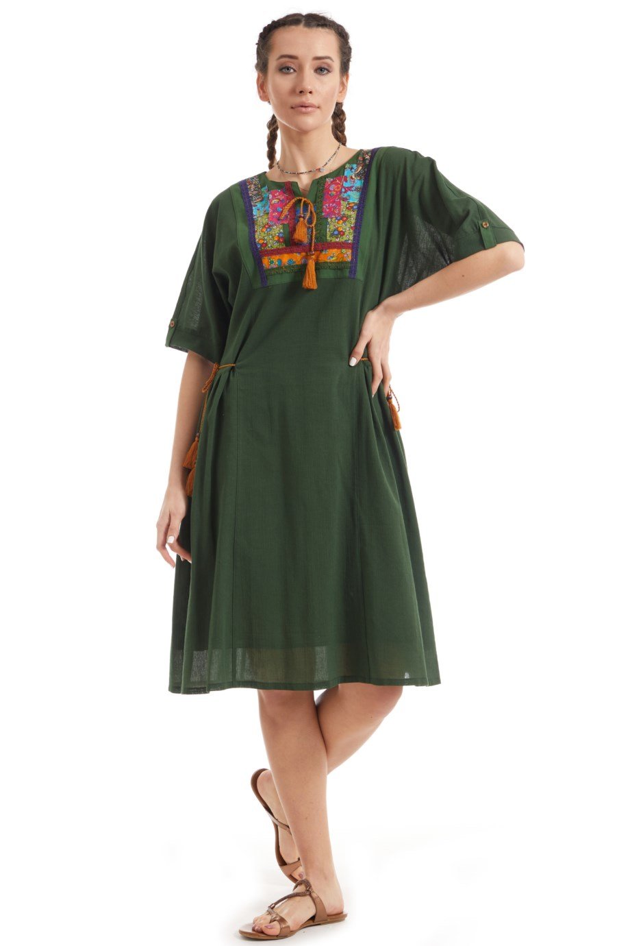 Şile Bezi Yeşil Kısa Kol Otantik Yamalı Elbise