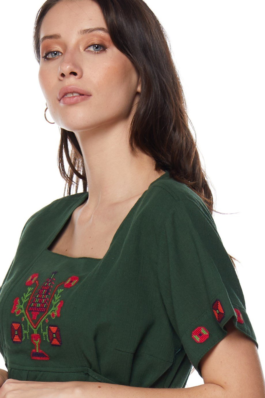 Şile Bezi Yeşil Kısa Kollu Nakışlı Elbise