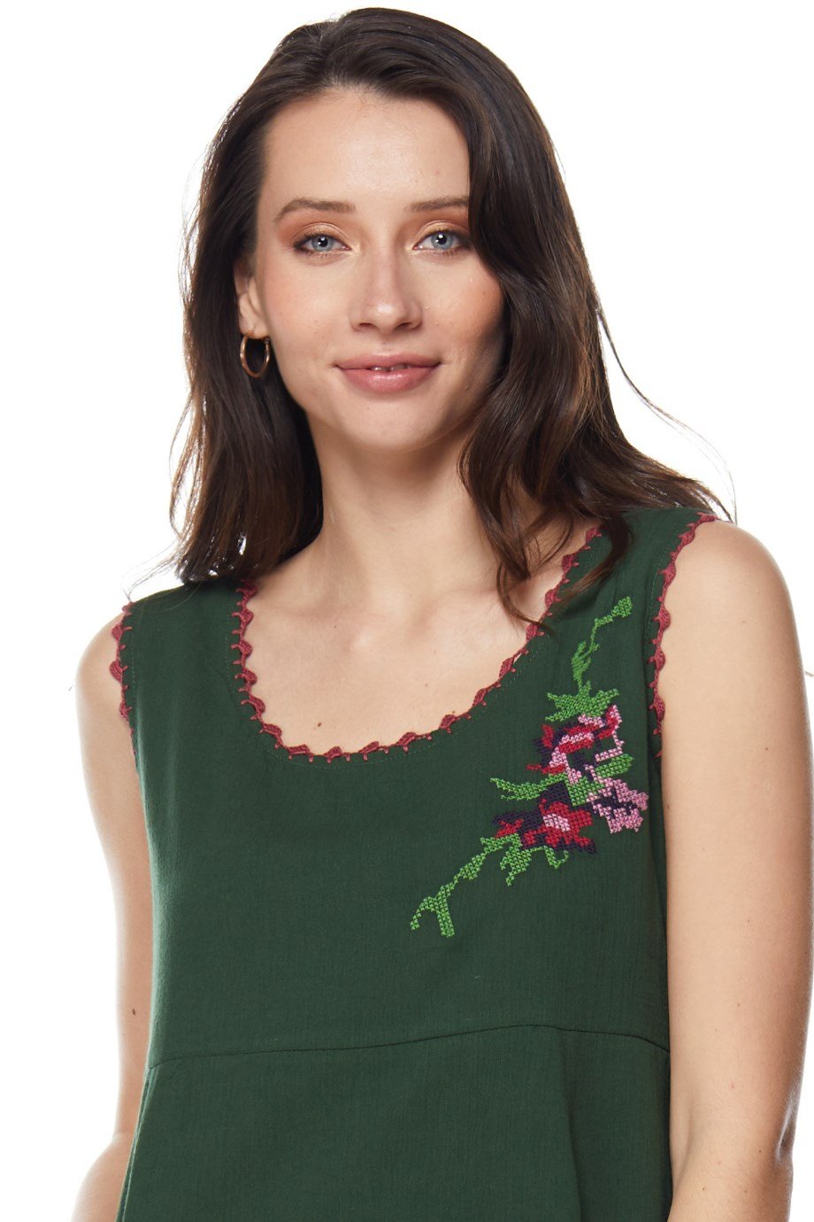 Şile Bezi Yeşil Kolsuz Nakışlı Elbise