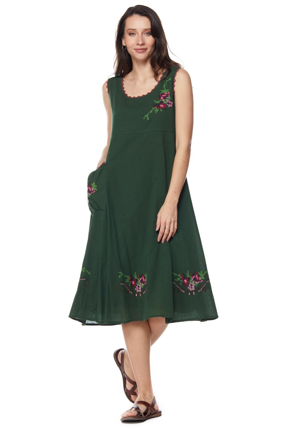 Şile Bezi Yeşil Kolsuz Nakışlı Elbise