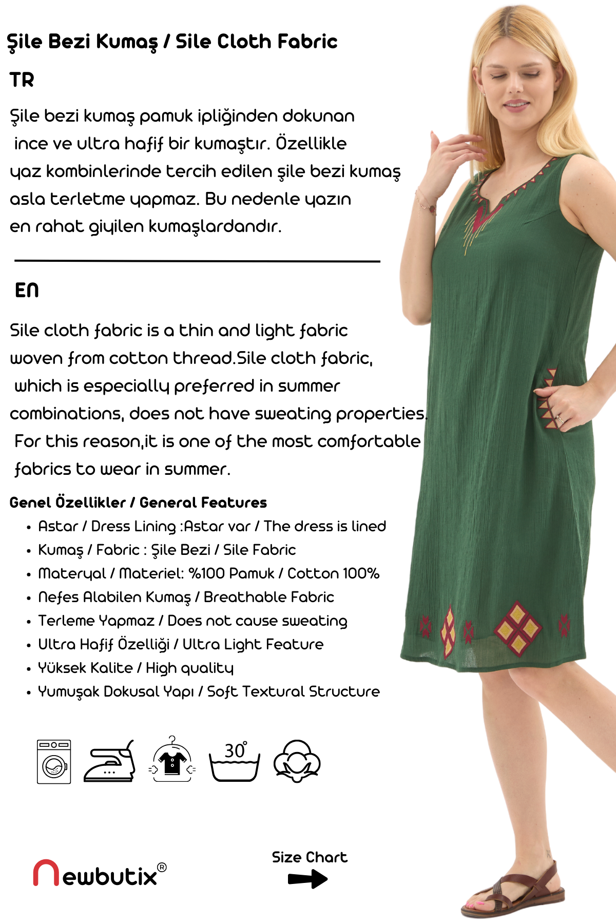 Şile Bezi Yeşil Kolsuz Nakışlı Otantik Yazlık Elbise