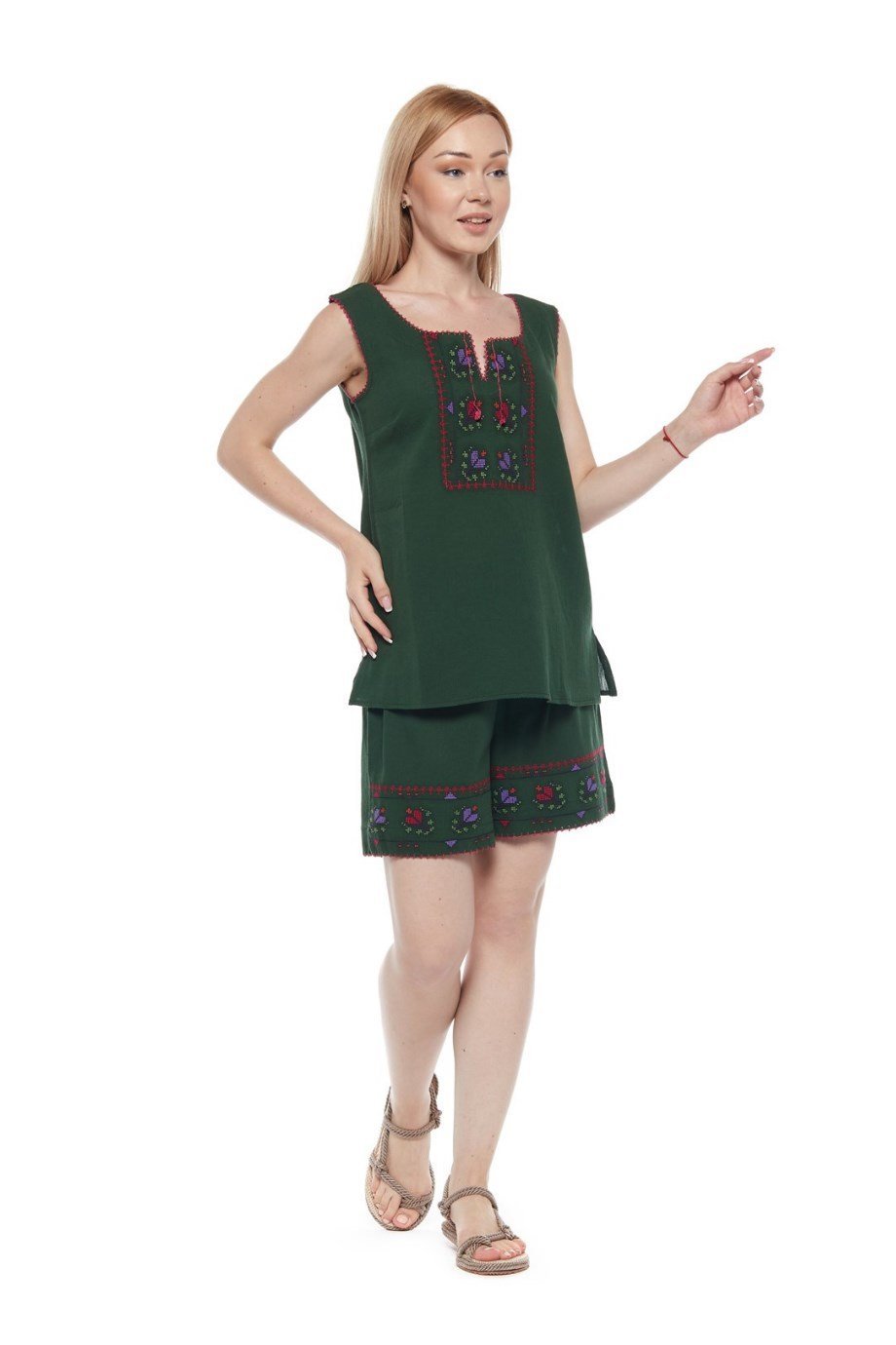 Şile Bezi Yeşil Nakış İşlemeli Atlet-Şort Takım