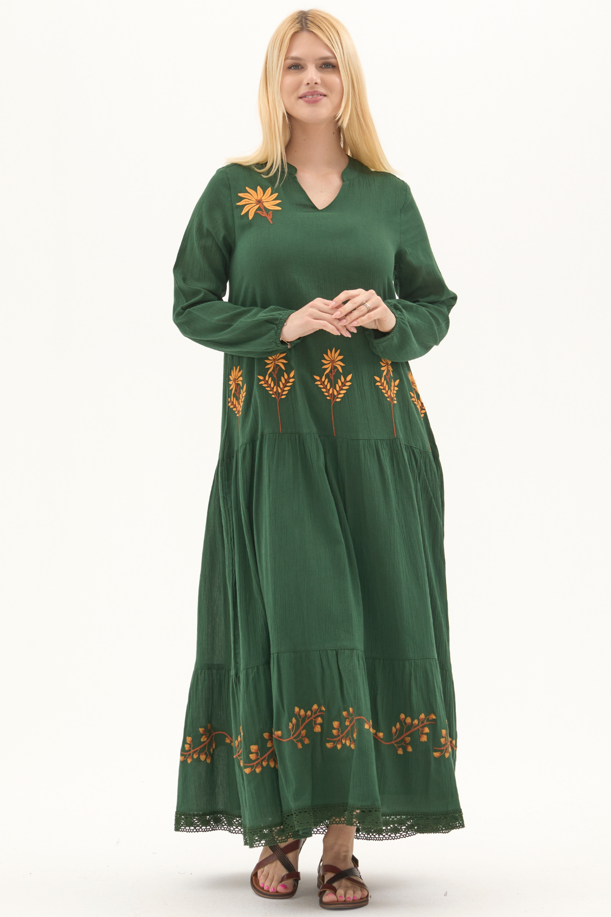 Şile Bezi Yeşil Uzun Kol Nakışlı Uzun Yazlık Elbise