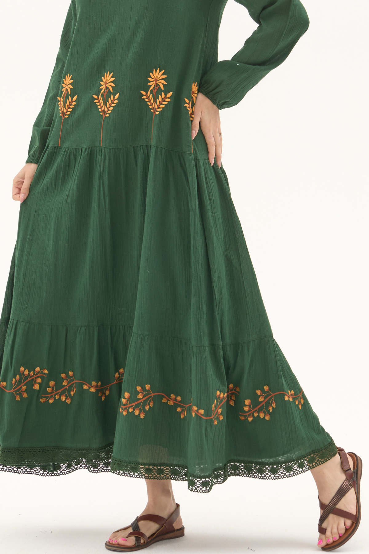 Şile Bezi Yeşil Uzun Kol Nakışlı Uzun Yazlık Elbise