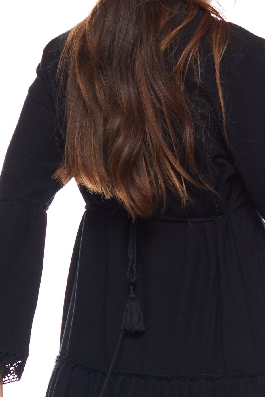 Siyah Dantelli Düz Desen Uzun Elbise