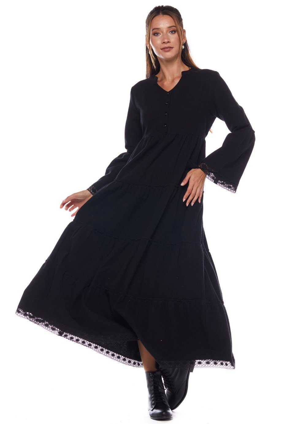 Siyah Dantelli Düz Desen Uzun Elbise