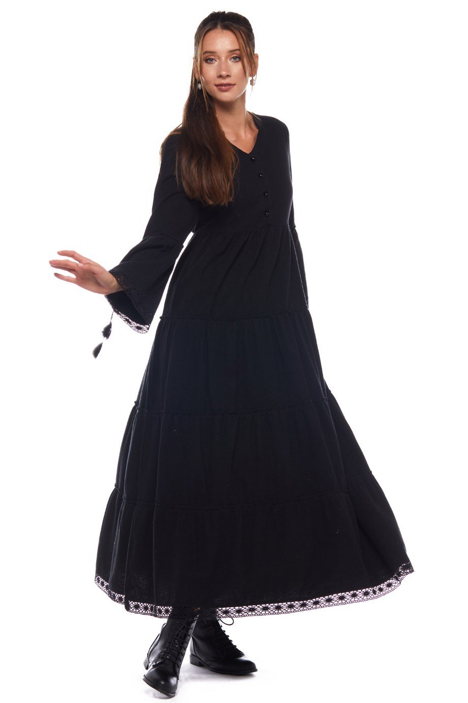 Siyah Dantelli Düz Desen Uzun Elbise