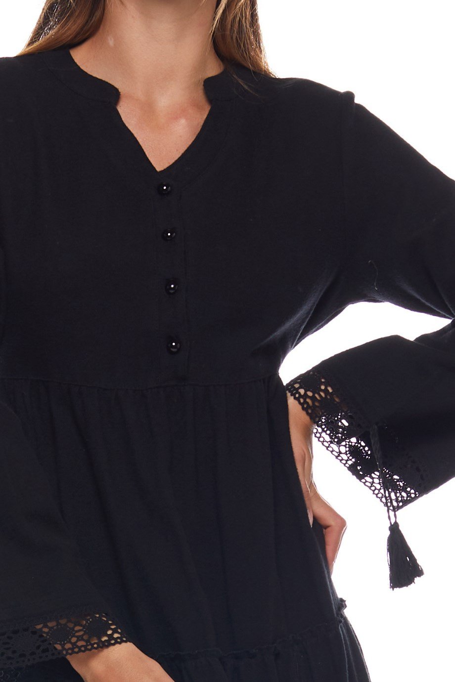 Siyah Dantelli Düz Desen Uzun Elbise