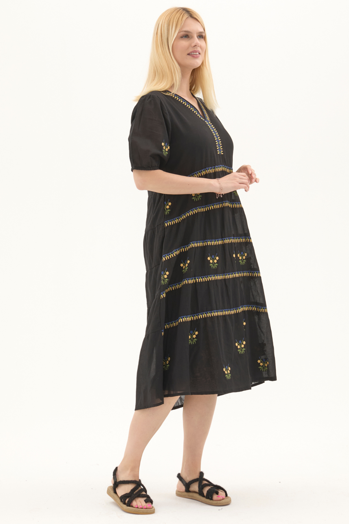 Siyah Kısa Kol Vual Nakışlı V Yaka Uzun Yazlık Elbise