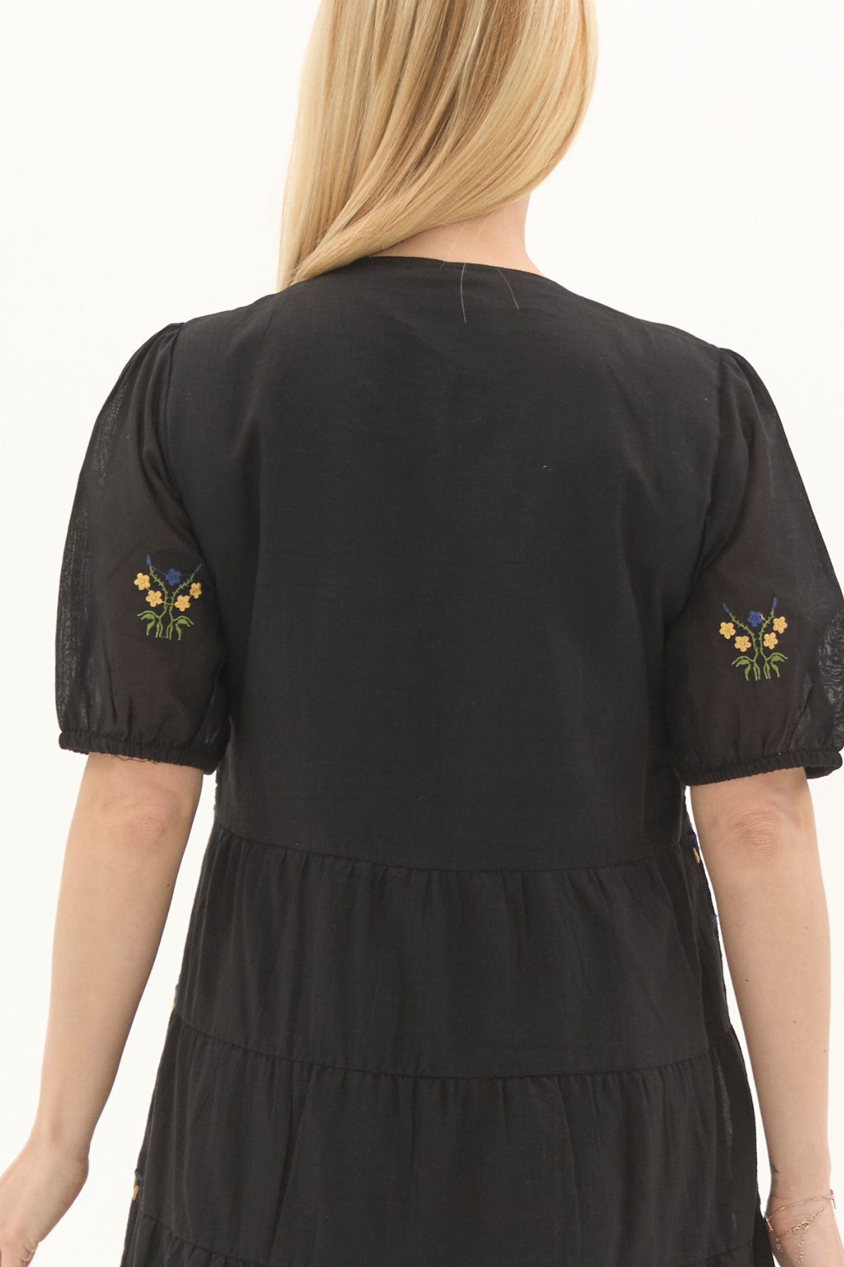 Siyah Kısa Kol Vual Nakışlı V Yaka Uzun Yazlık Elbise