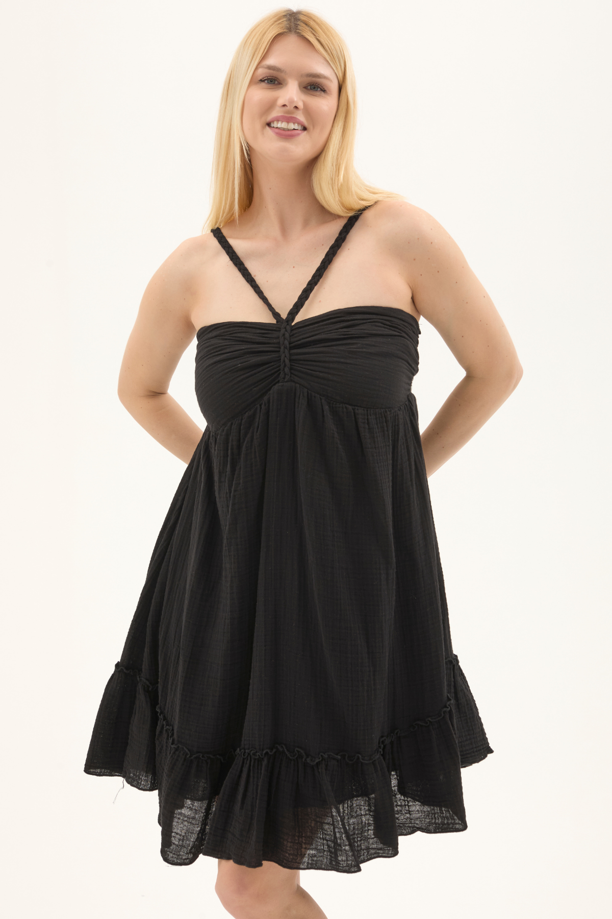 Siyah Müslin Boyundan Bağlamalı Kısa Yazlık Elbise