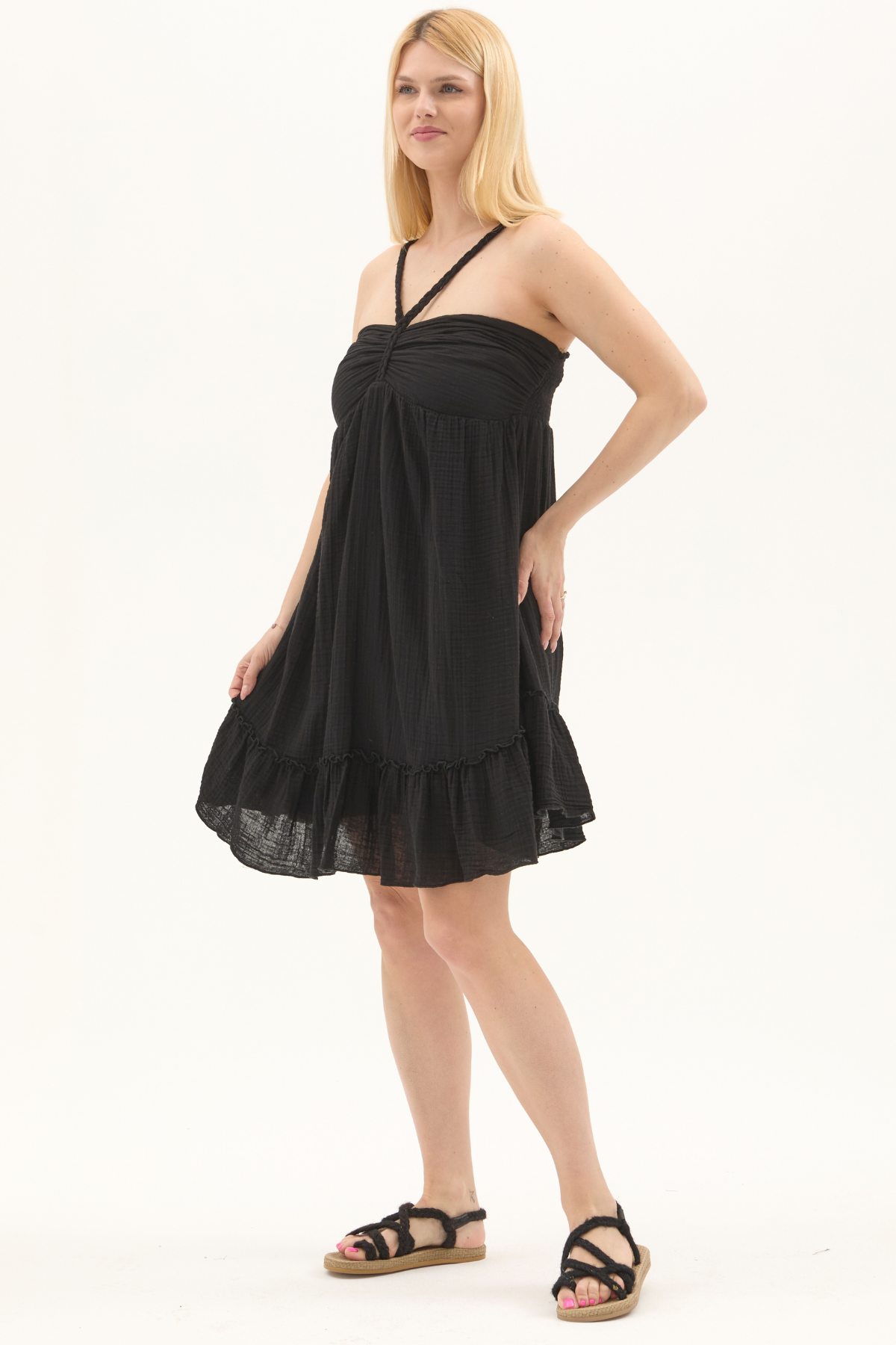 Siyah Müslin Boyundan Bağlamalı Kısa Yazlık Elbise