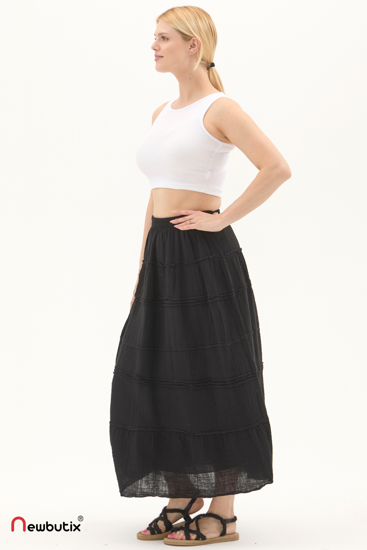 Siyah Müslin Uzun Yazlık Etek