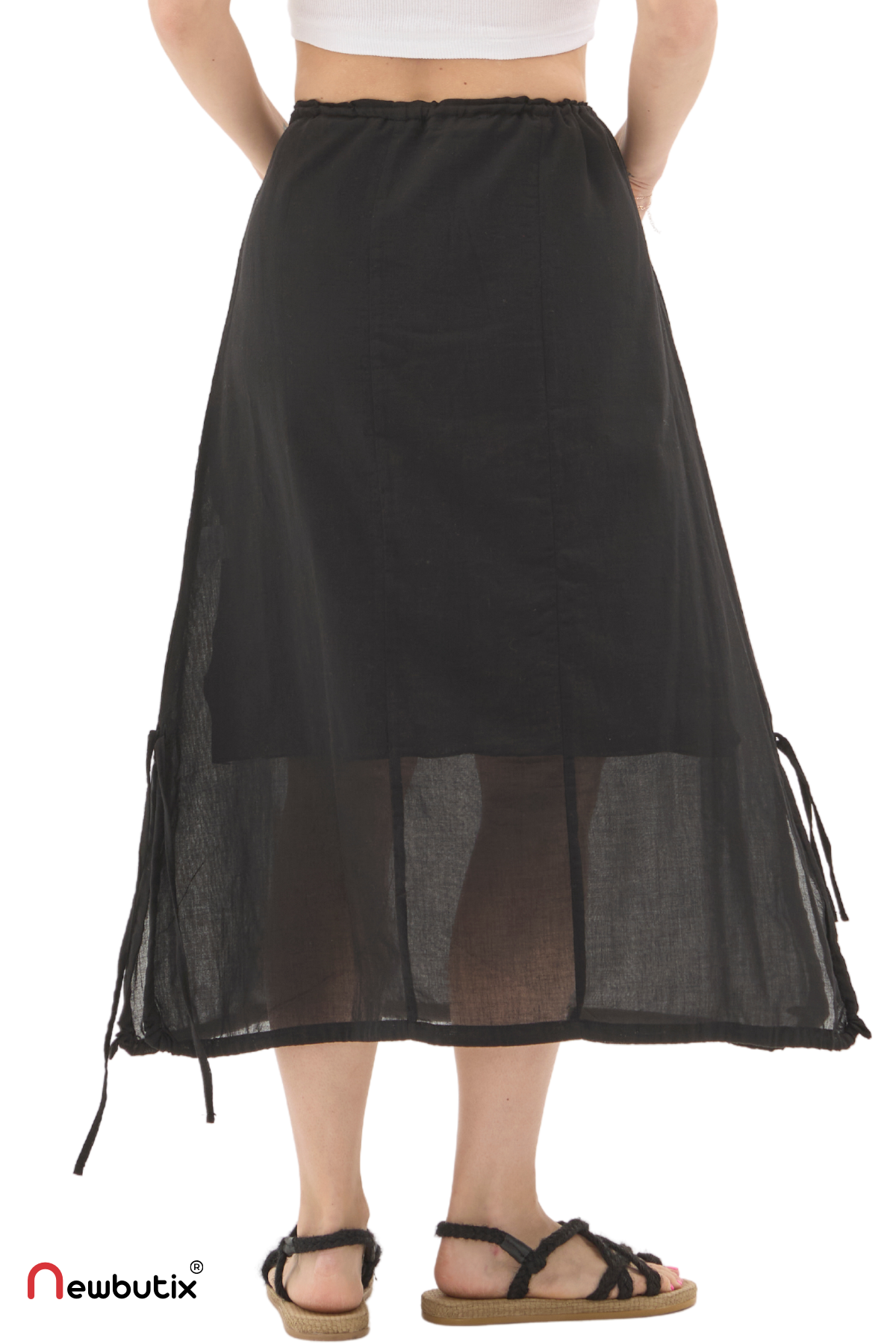 Siyah Vual Bağlama Detay Midi Boy Yazlık Etek