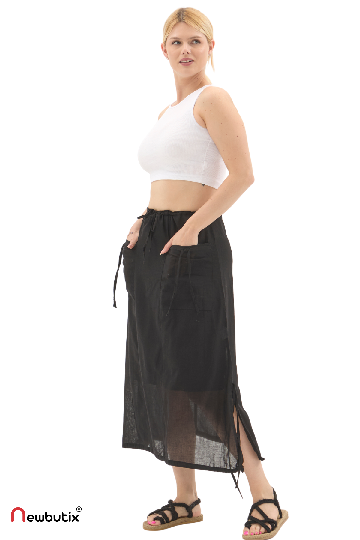 Siyah Vual Bağlama Detay Midi Boy Yazlık Etek
