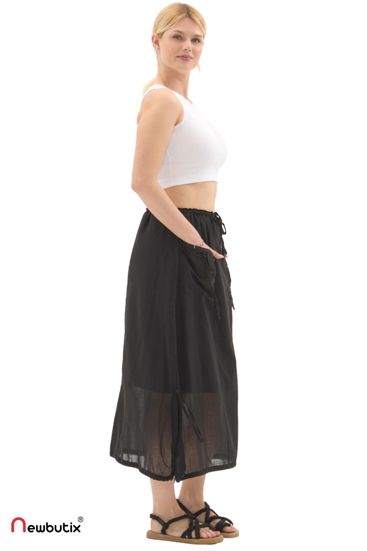 Siyah Vual Bağlama Detay Midi Boy Yazlık Etek