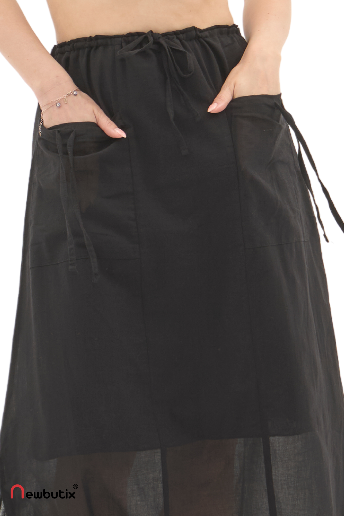 Siyah Vual Bağlama Detay Midi Boy Yazlık Etek