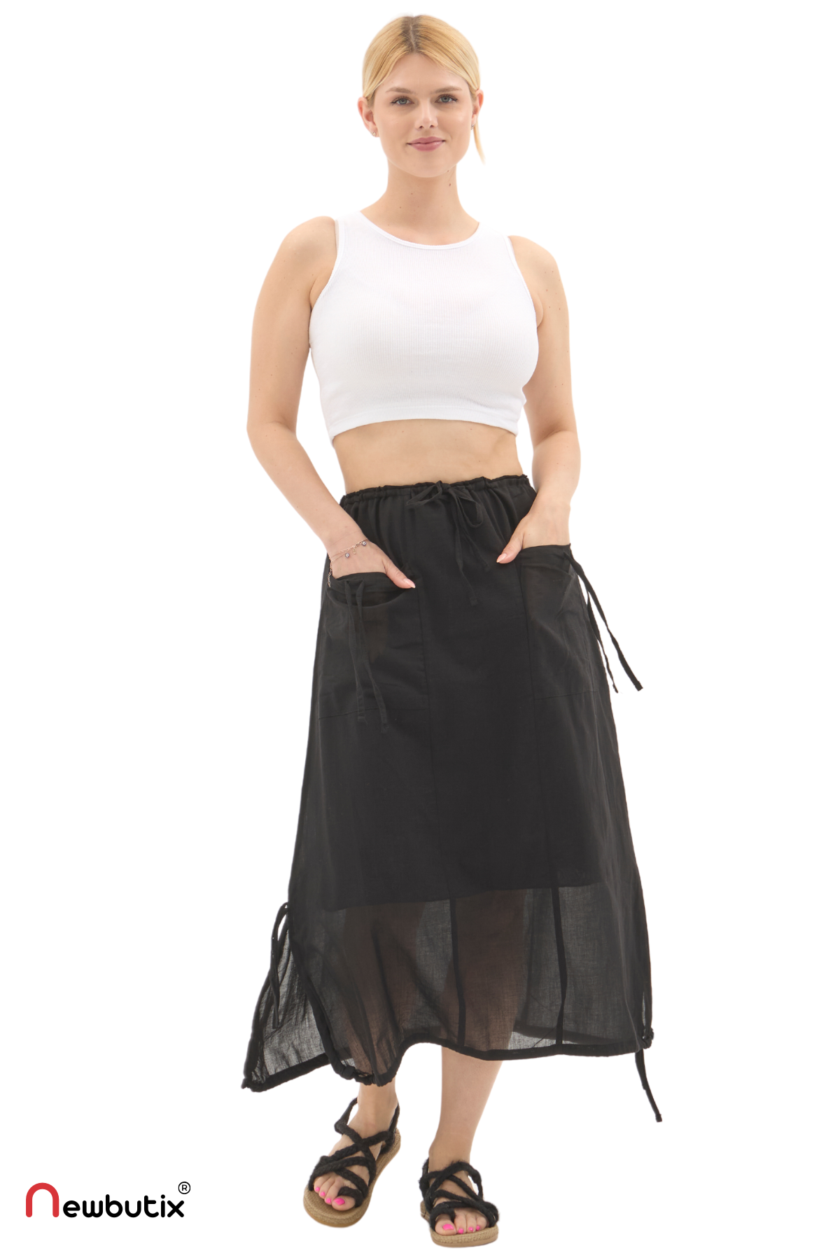 Siyah Vual Bağlama Detay Midi Boy Yazlık Etek