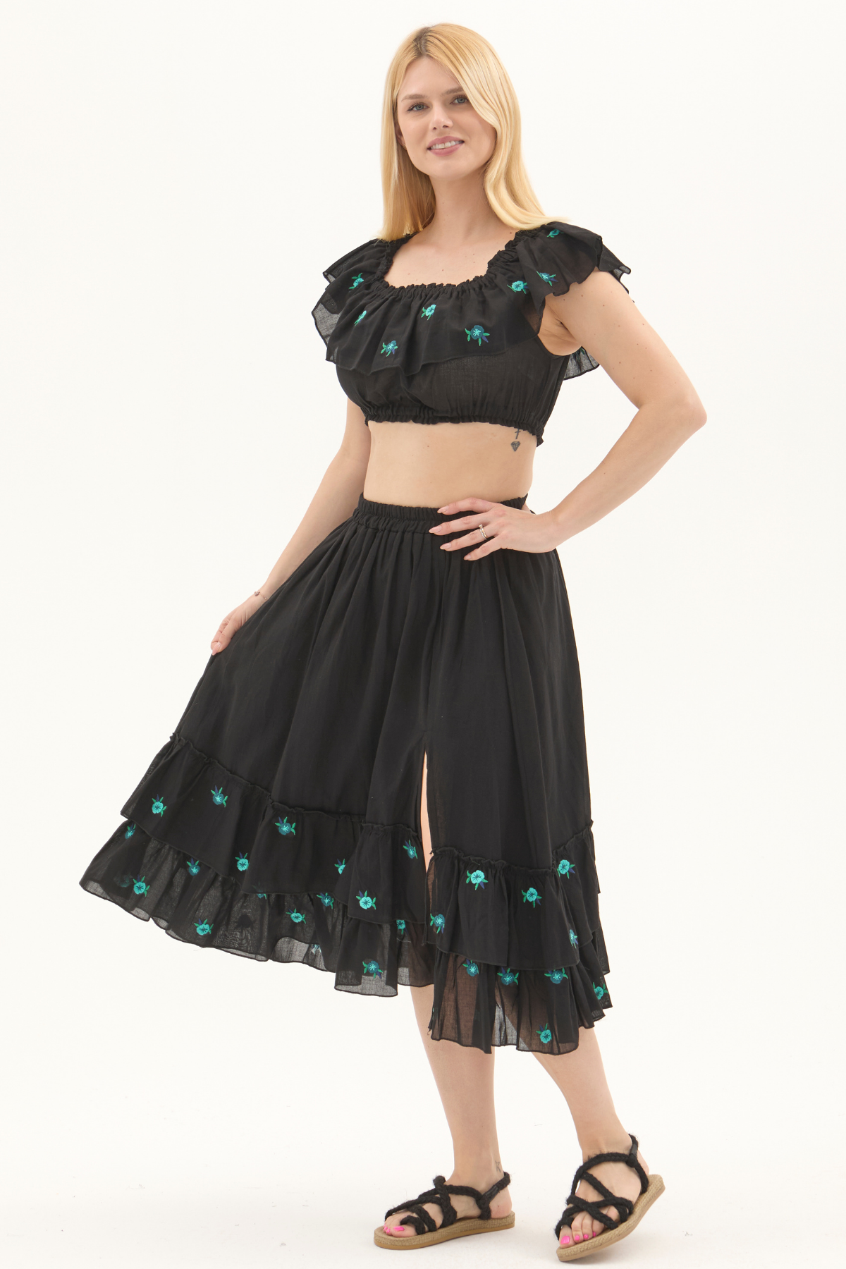 Siyah Vual Nakışlı Yazlık Uzun Etek