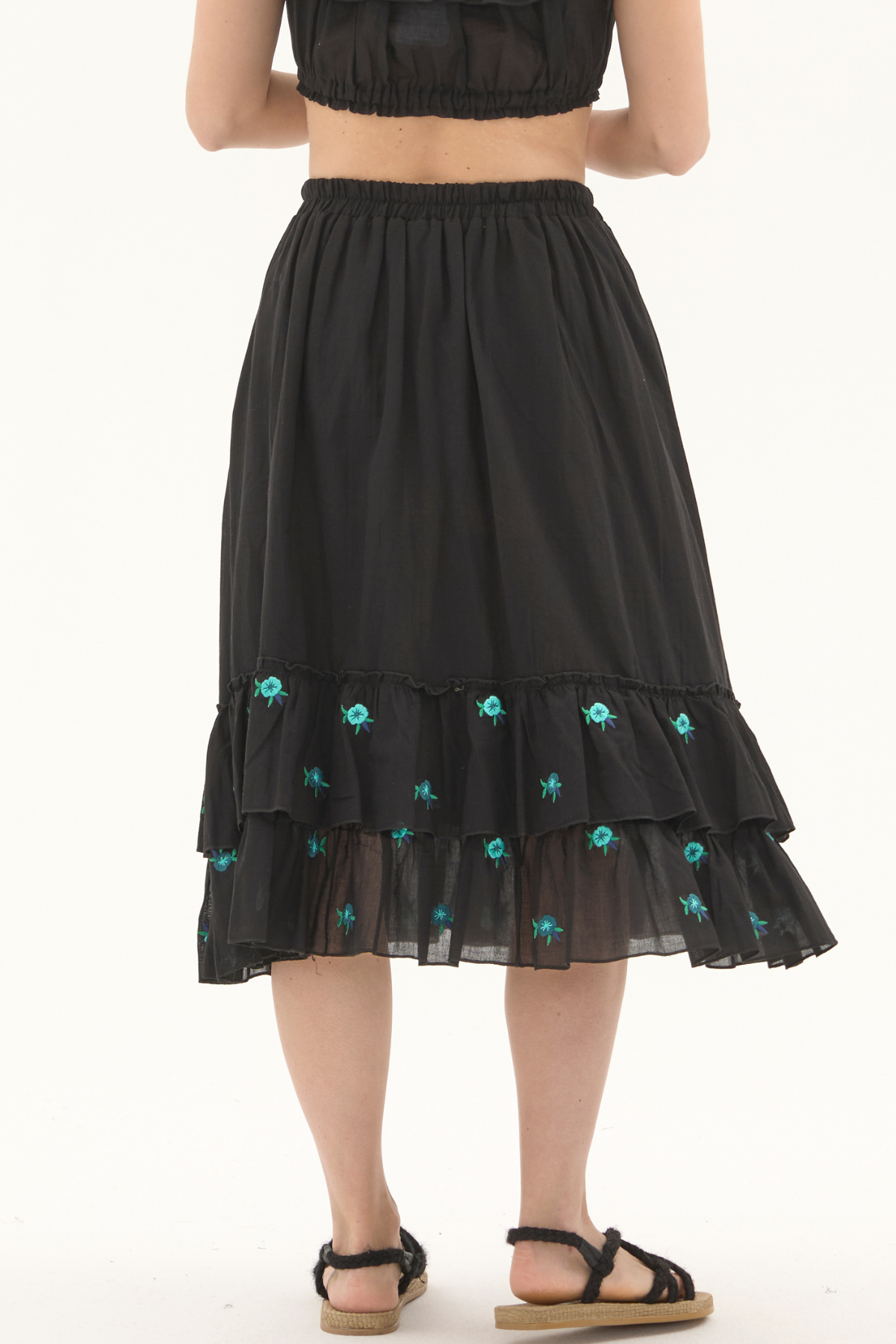 Siyah Vual Nakışlı Yazlık Uzun Etek