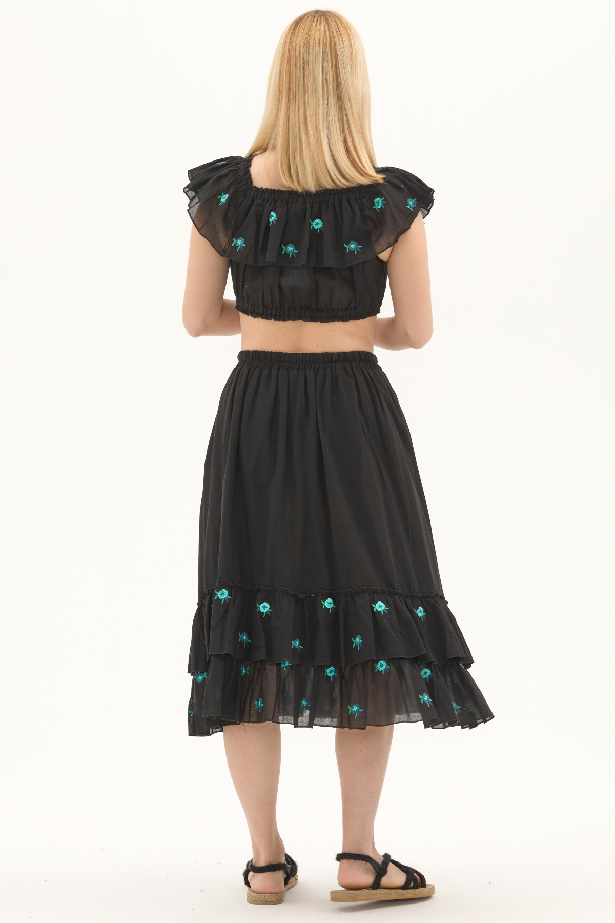 Siyah Vual Nakışlı Yazlık Uzun Etek