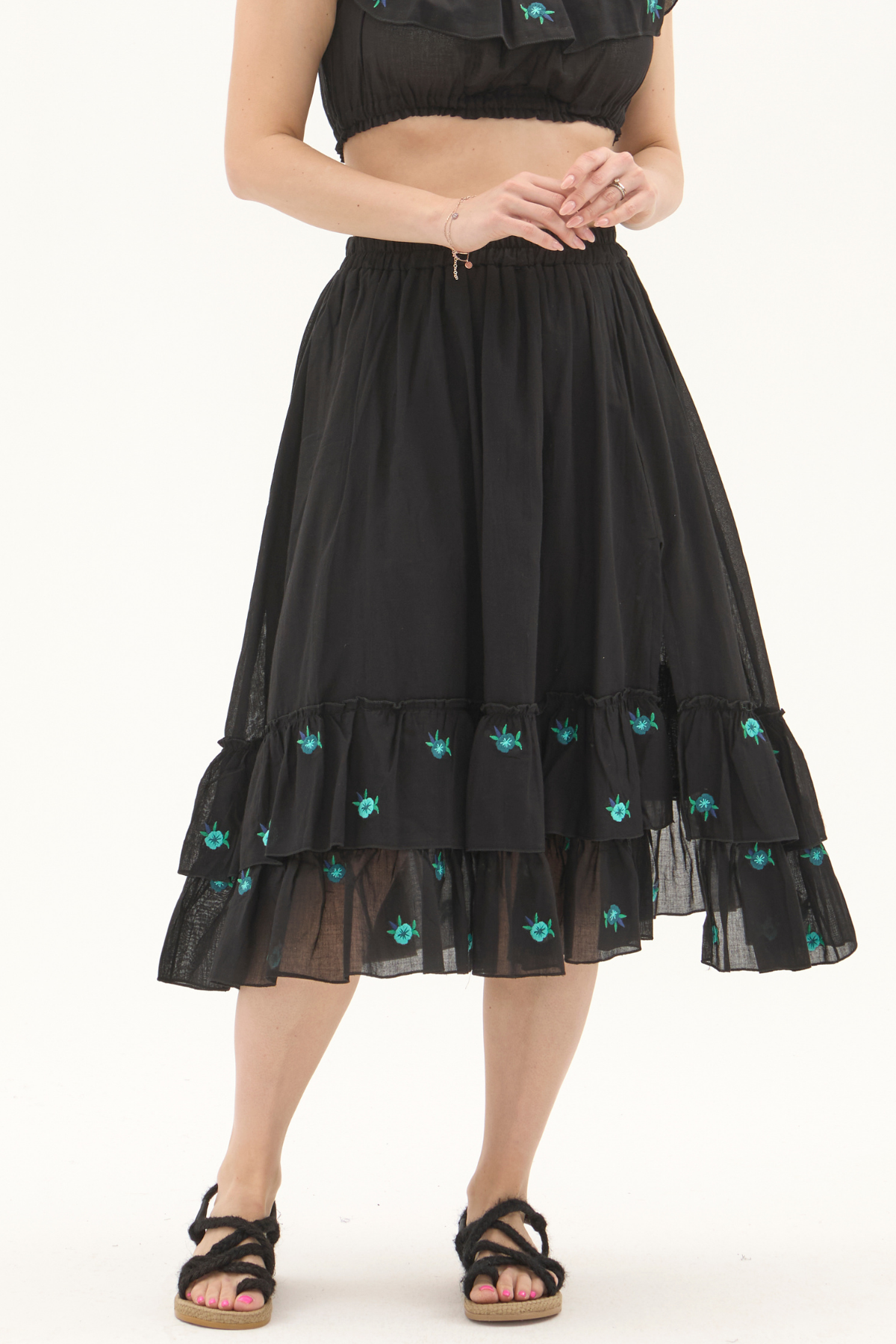 Siyah Vual Nakışlı Yazlık Uzun Etek