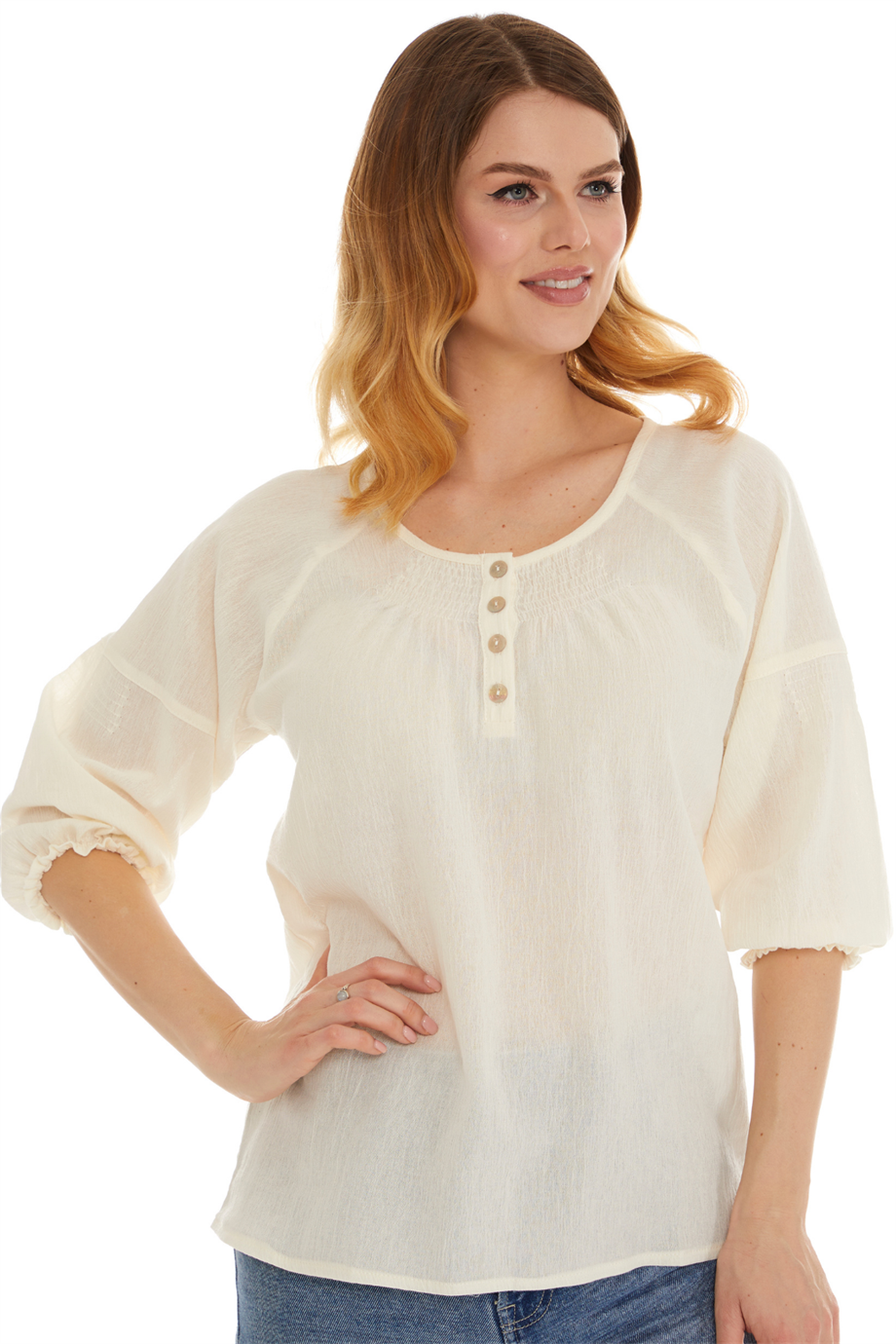 Truvakar Kol Krem Şile Bezi Bluz