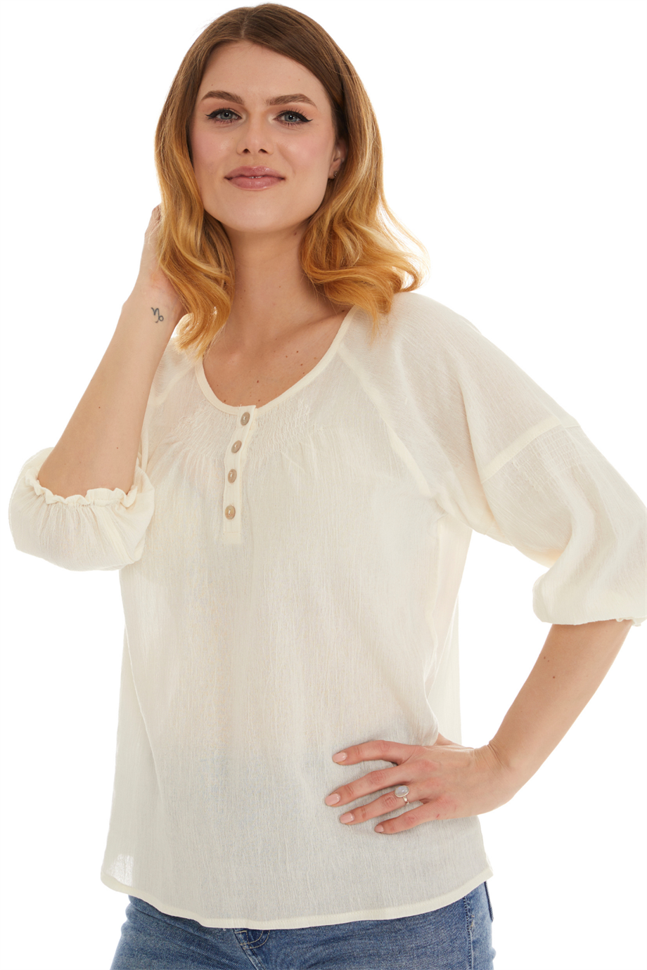 Truvakar Kol Krem Şile Bezi Bluz