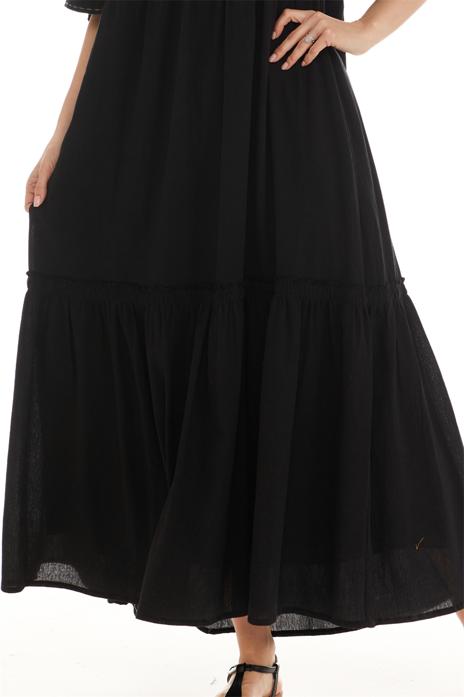 Truvakar Kol Siyah Şile Bezi Uzun Elbise