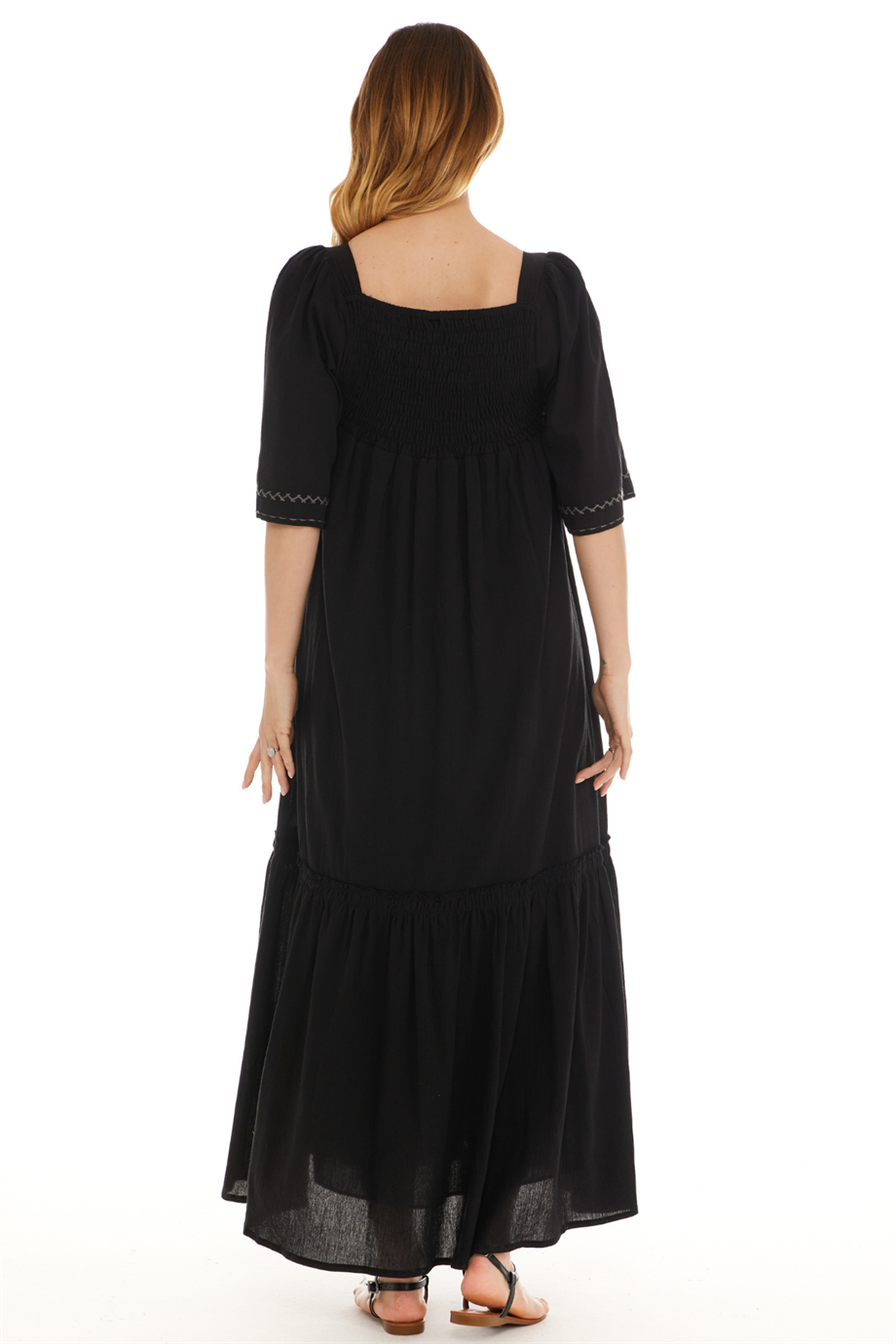Truvakar Kol Siyah Şile Bezi Uzun Elbise