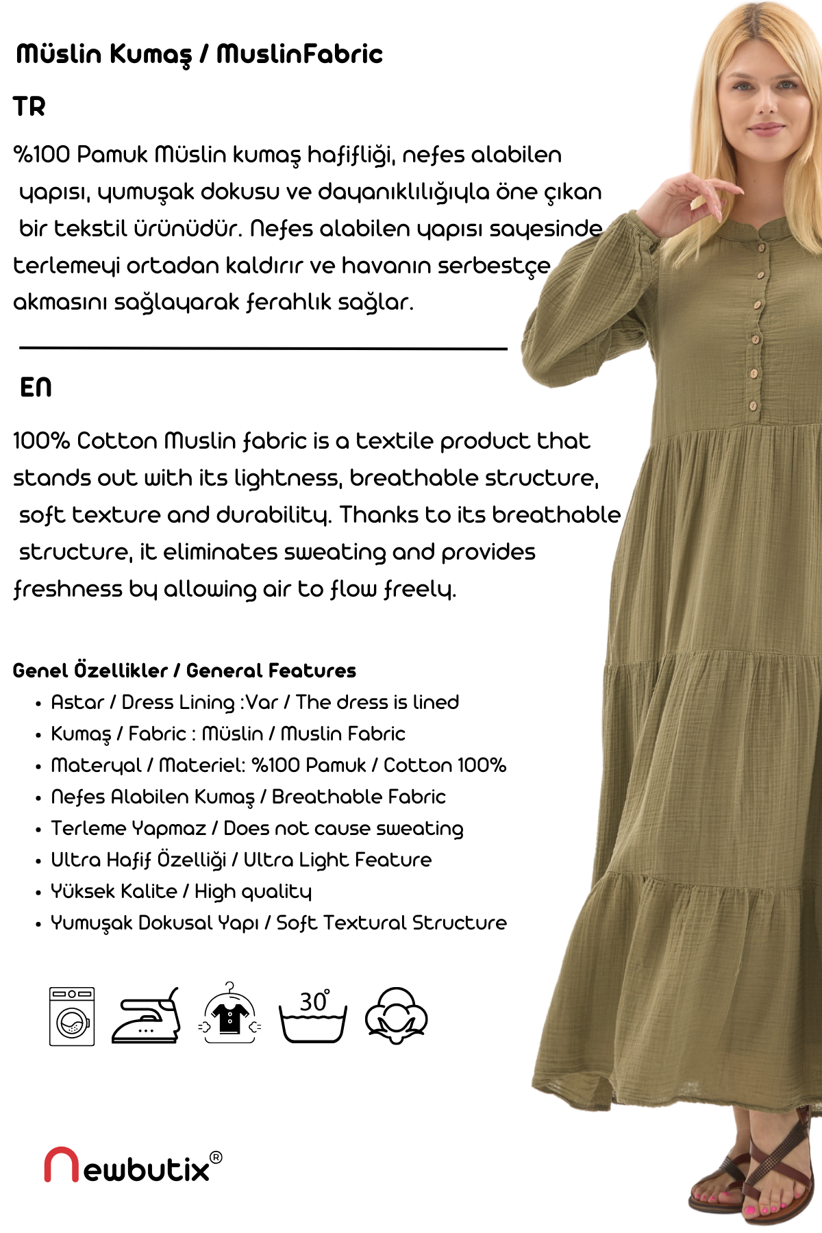 Uzun Kol Haki Düğmeli Yazlık Uzun Müslin Elbise 