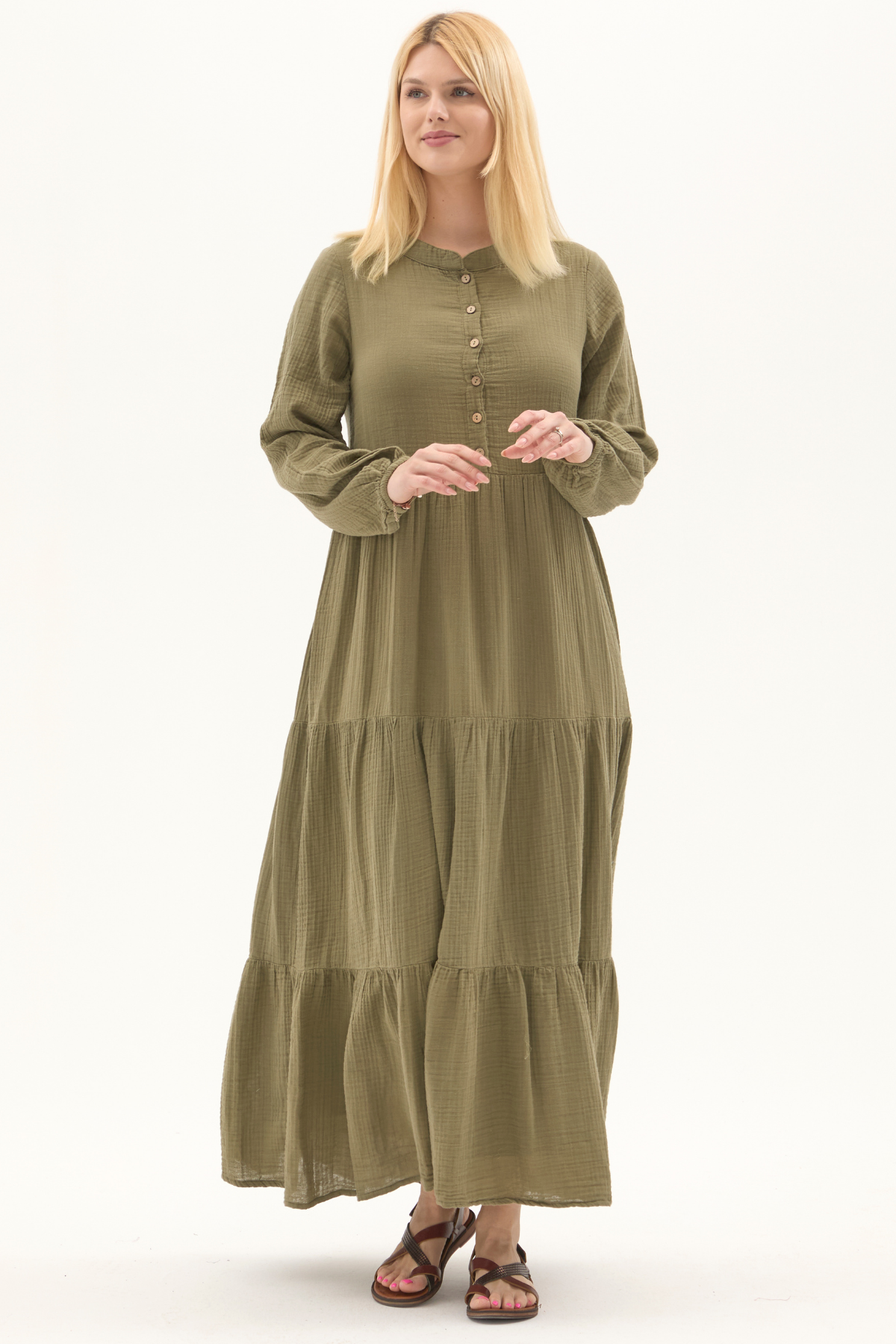 Uzun Kol Haki Düğmeli Yazlık Uzun Müslin Elbise 