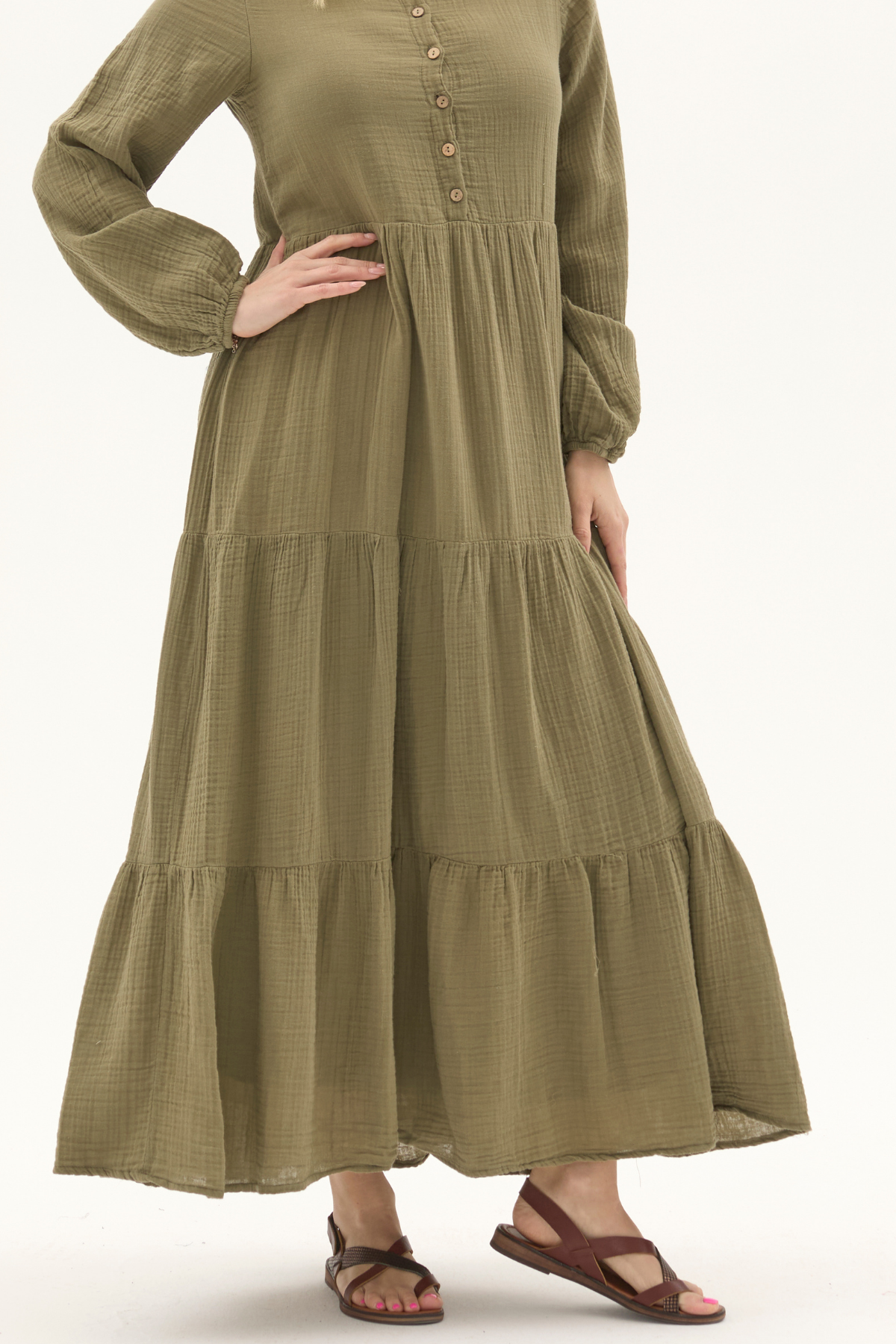 Uzun Kol Haki Düğmeli Yazlık Uzun Müslin Elbise 