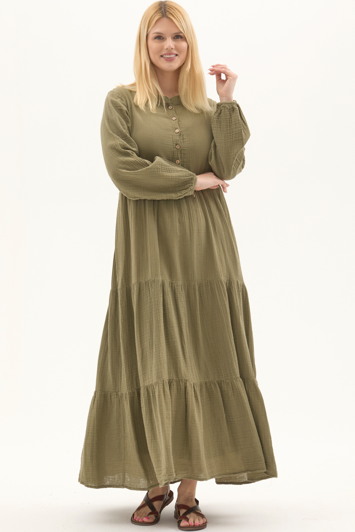 Uzun Kol Haki Düğmeli Yazlık Uzun Müslin Elbise 