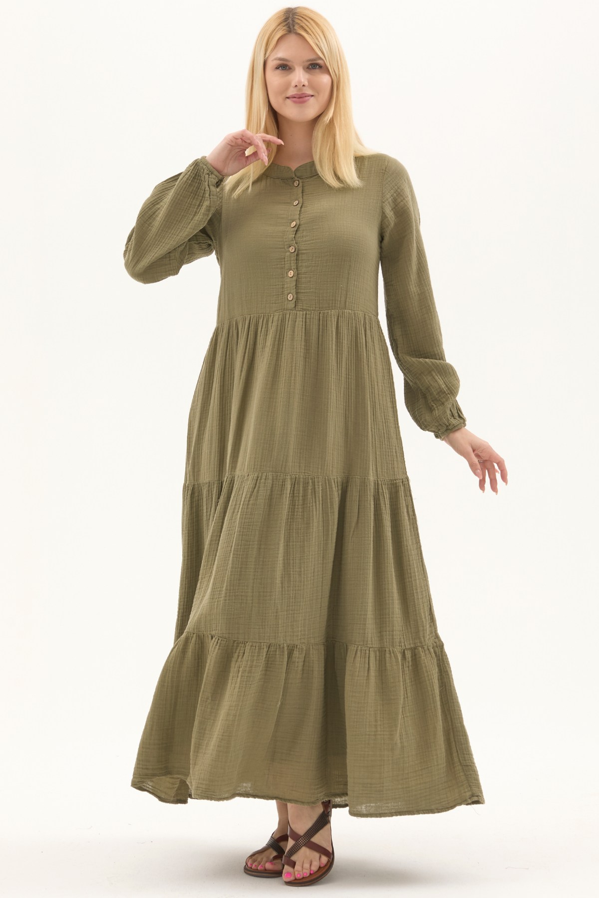 Uzun Kol Haki Düğmeli Yazlık Uzun Müslin Elbise 