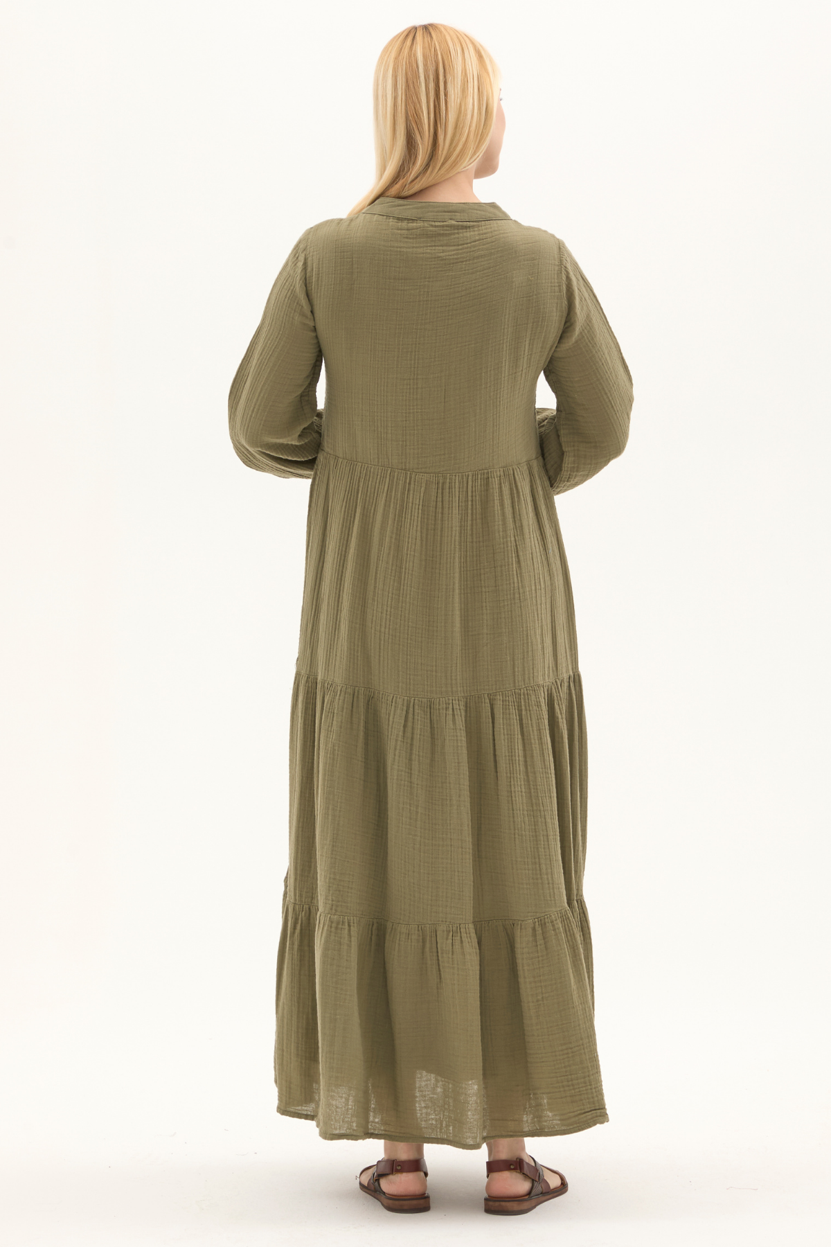 Uzun Kol Haki Düğmeli Yazlık Uzun Müslin Elbise 