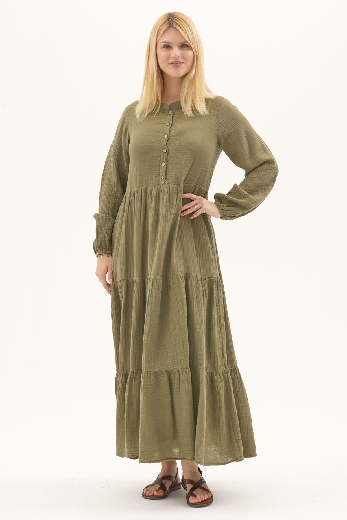 Uzun Kol Haki Düğmeli Yazlık Uzun Müslin Elbise 