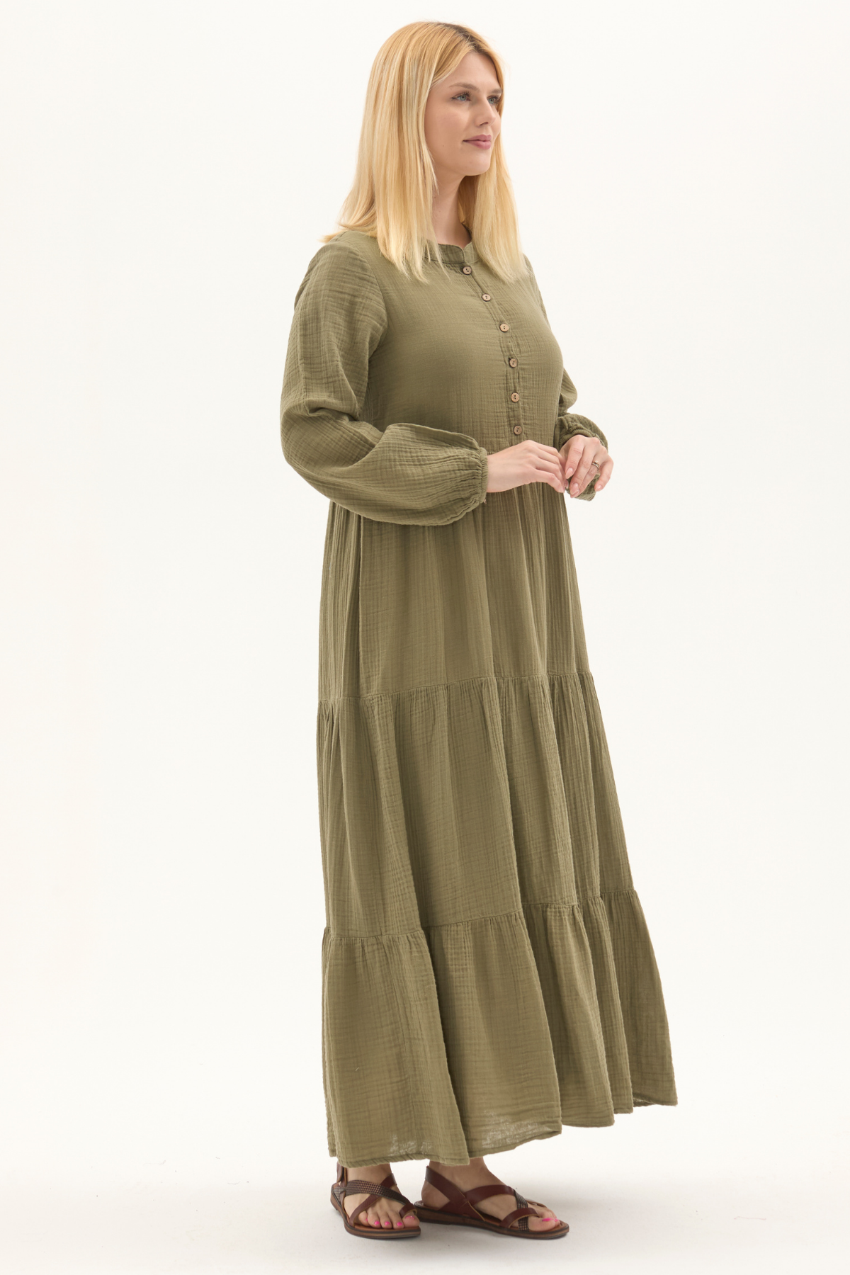 Uzun Kol Haki Düğmeli Yazlık Uzun Müslin Elbise 
