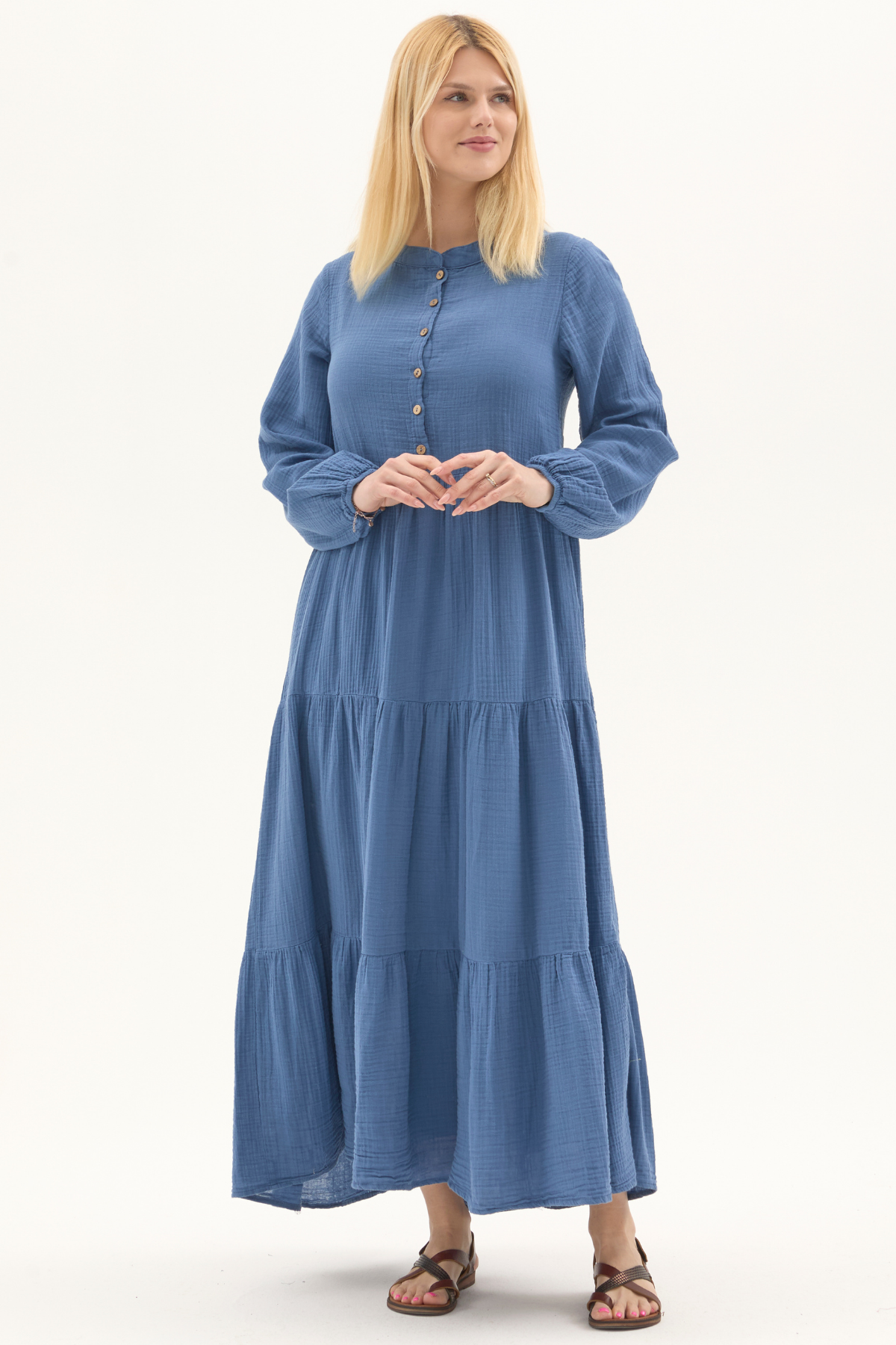 Uzun Kol İndigo Düğmeli Yazlık Uzun Müslin Elbise 