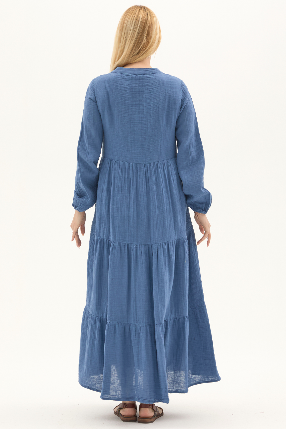 Uzun Kol İndigo Düğmeli Yazlık Uzun Müslin Elbise 