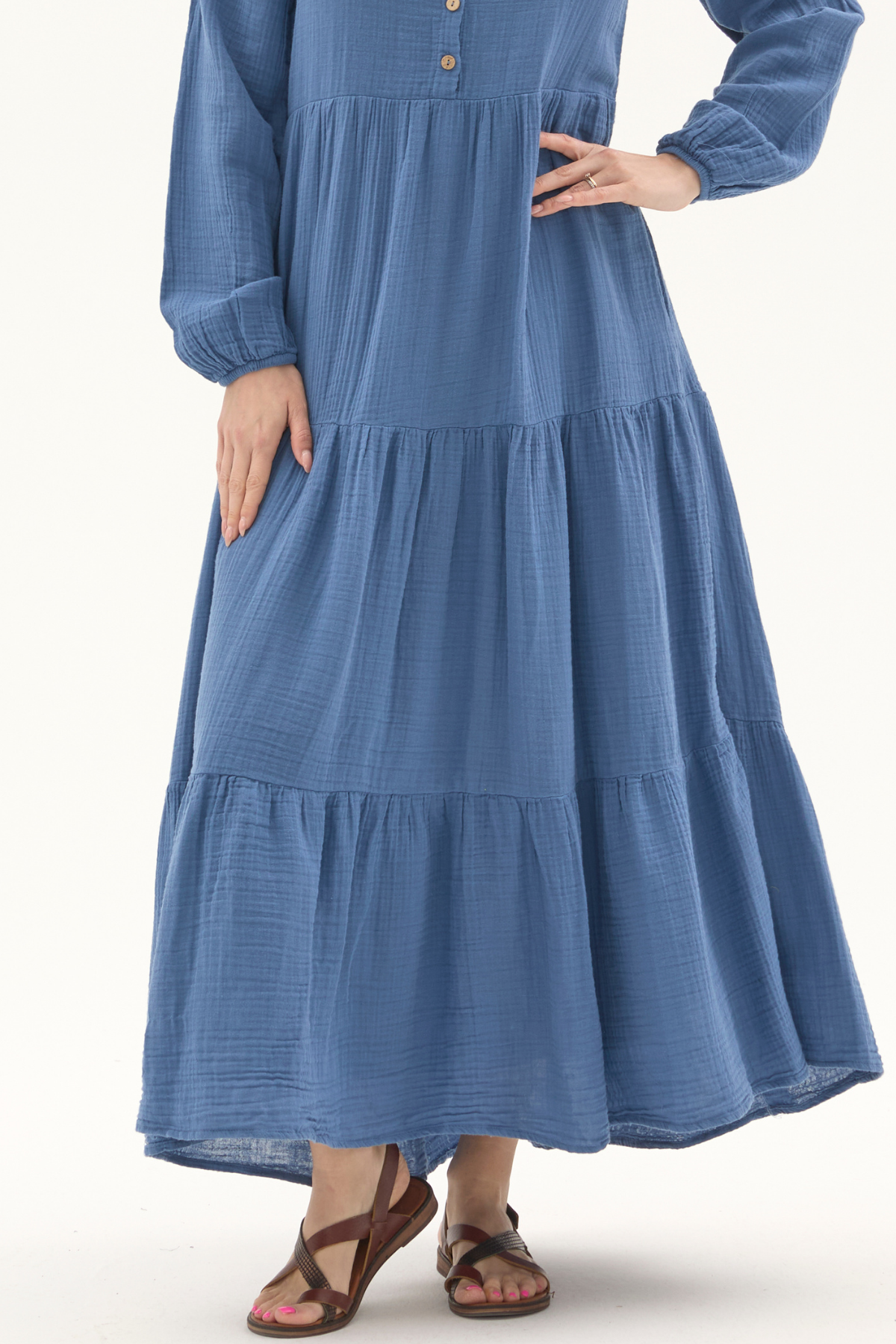 Uzun Kol İndigo Düğmeli Yazlık Uzun Müslin Elbise 