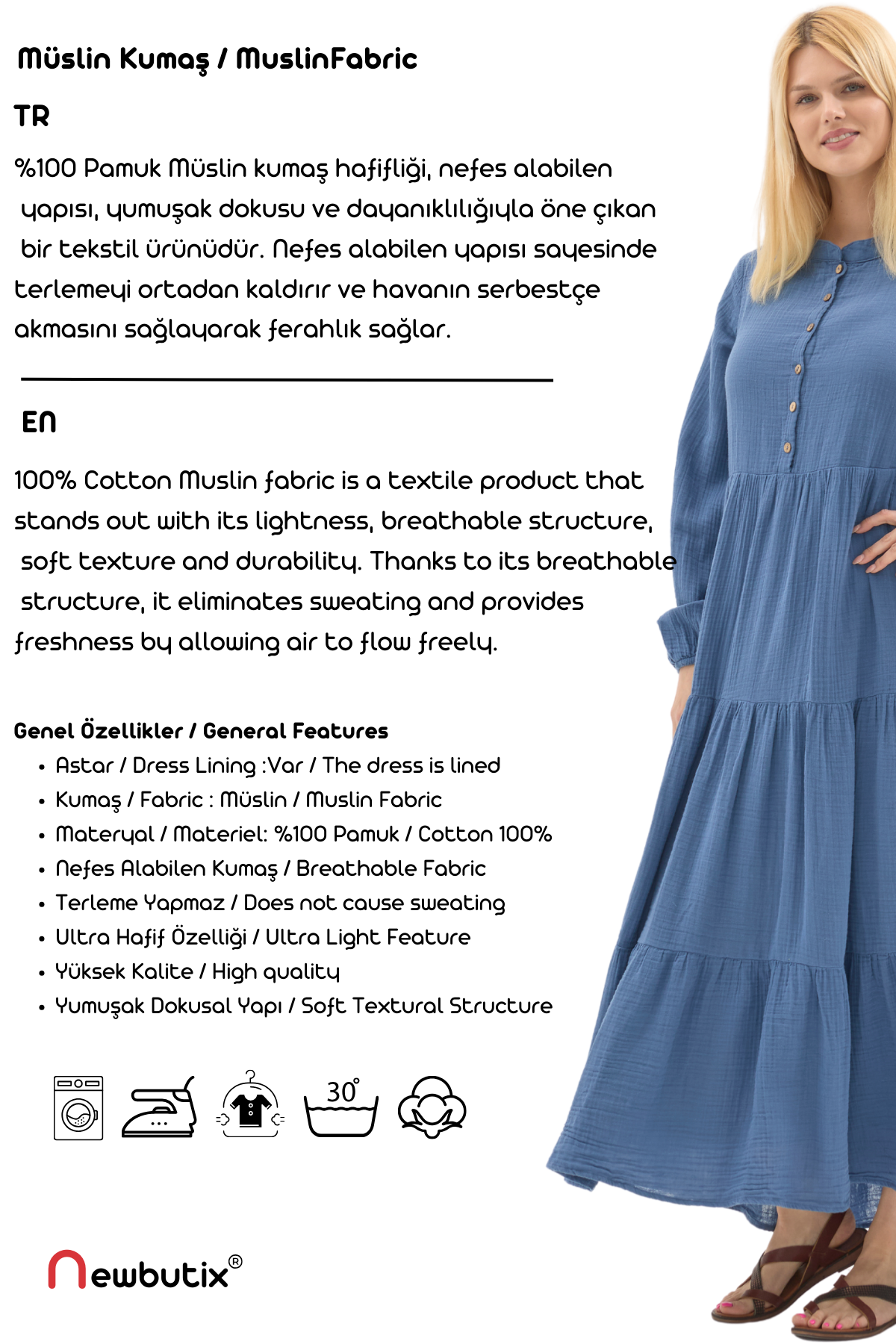 Uzun Kol İndigo Düğmeli Yazlık Uzun Müslin Elbise 