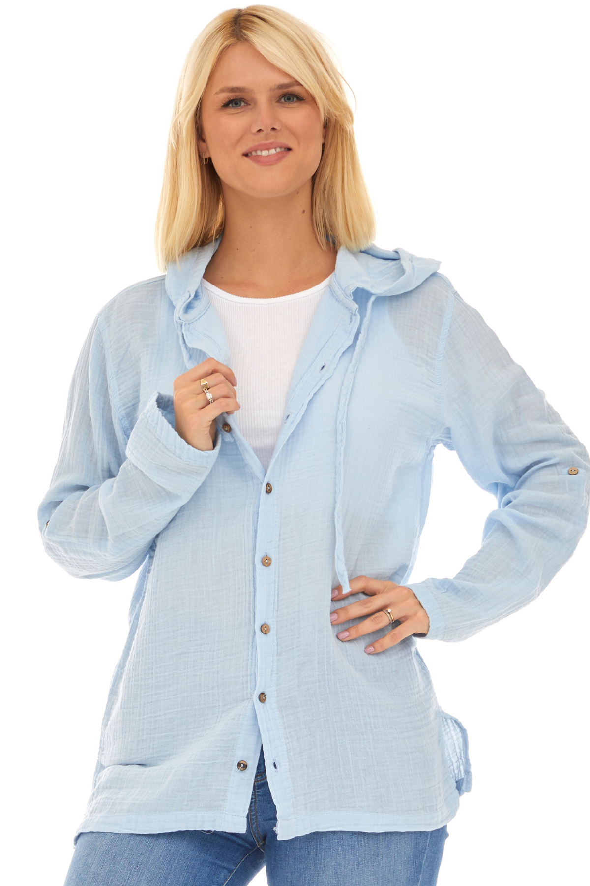 Uzun Kol Müslin Kapüşonlu Sweatshirt Buz Mavi