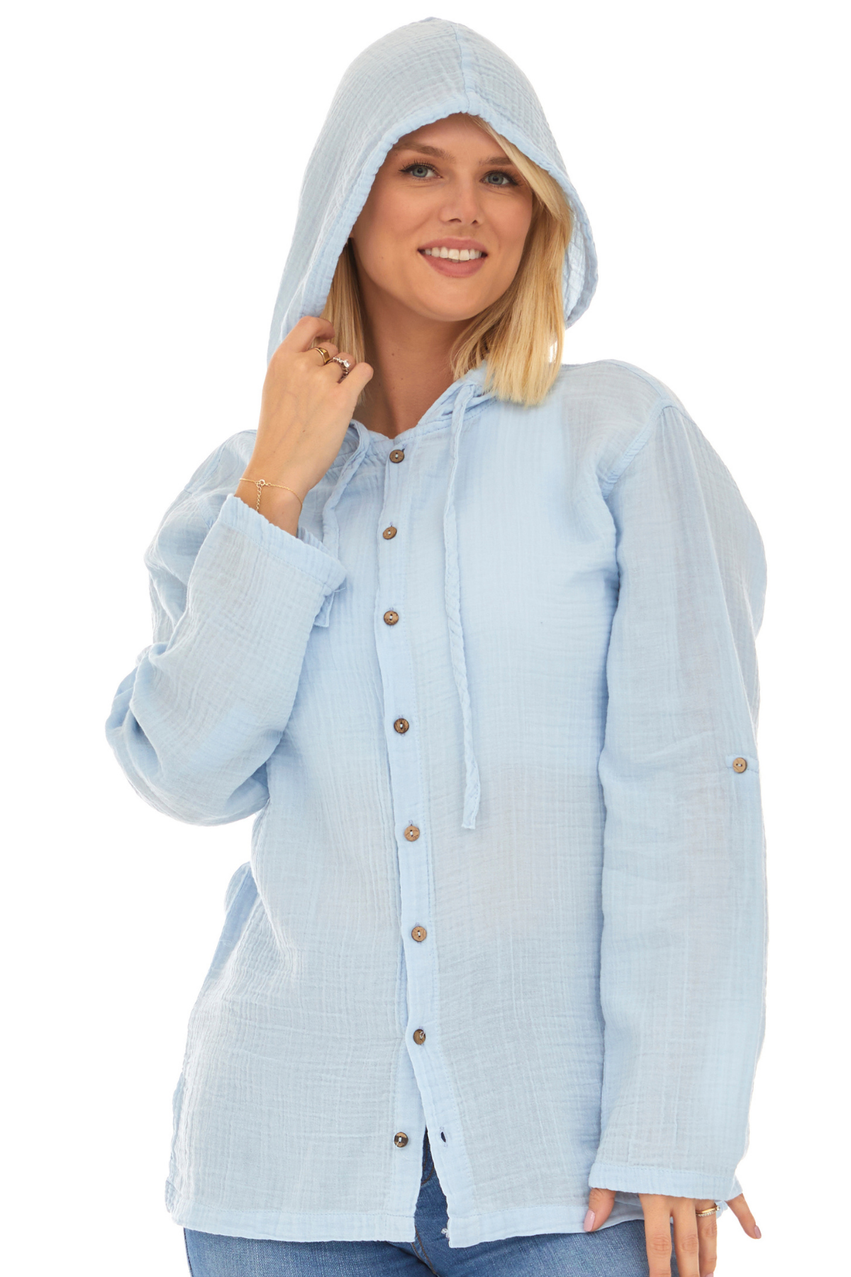 Uzun Kol Müslin Kapüşonlu Sweatshirt Buz Mavi