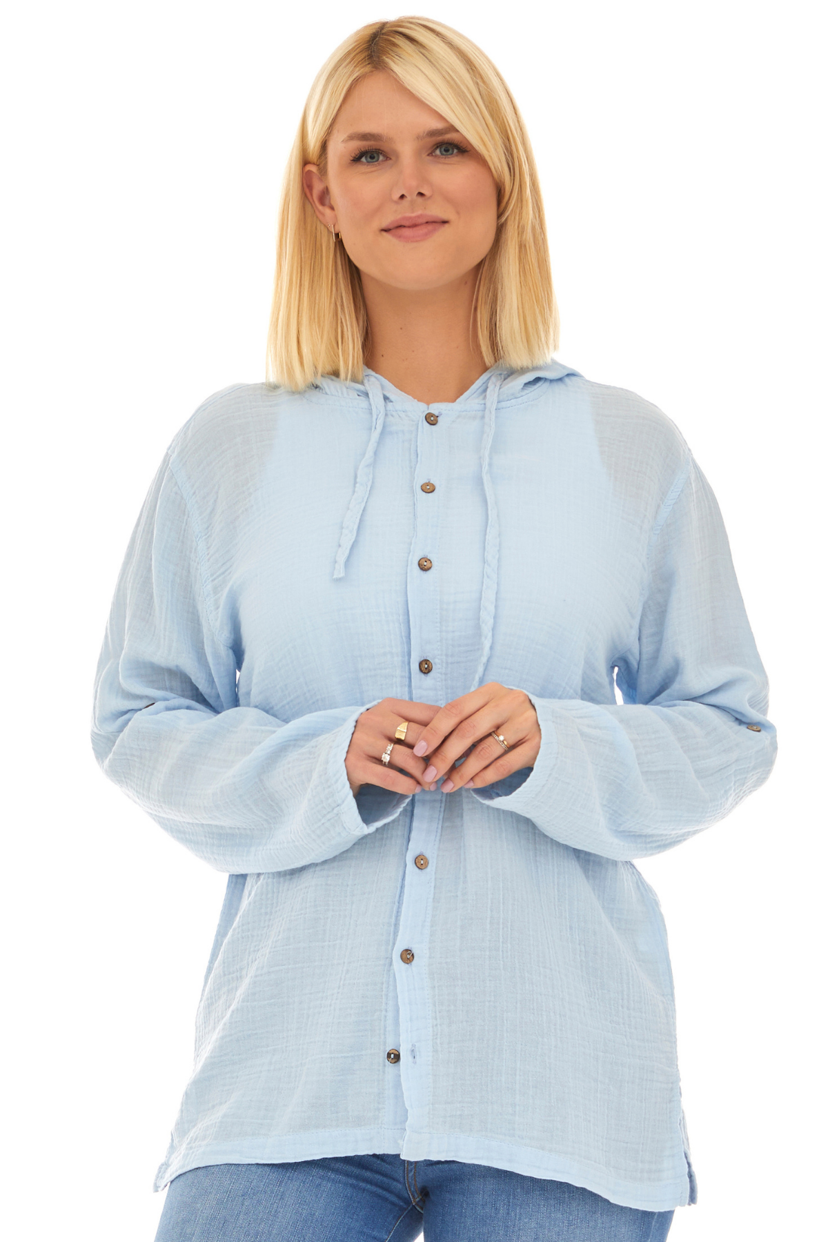 Uzun Kol Müslin Kapüşonlu Sweatshirt Buz Mavi